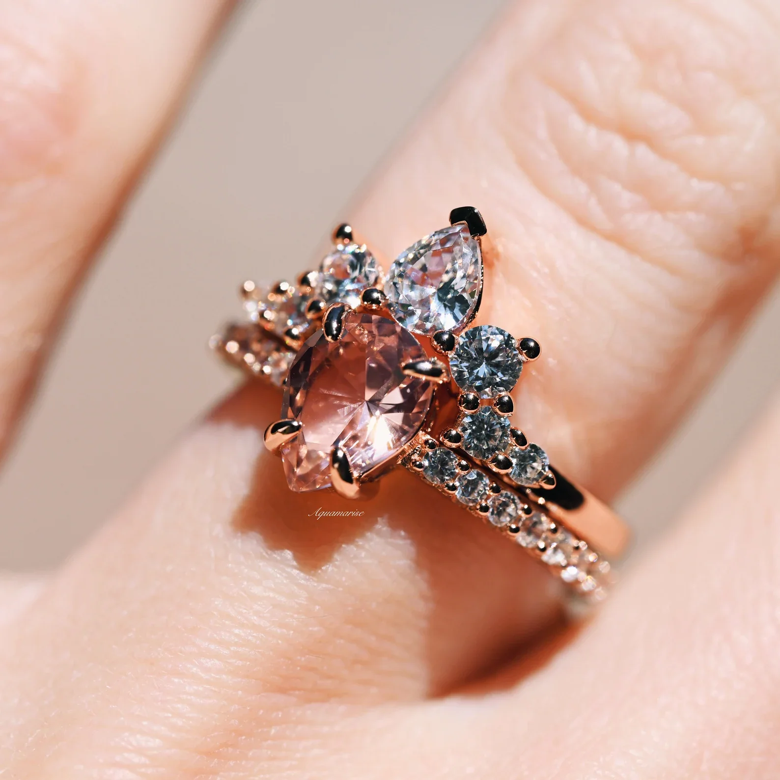 Teardrop Morganite Ring Set- 14K Rose Gold Vermeil - Image 2