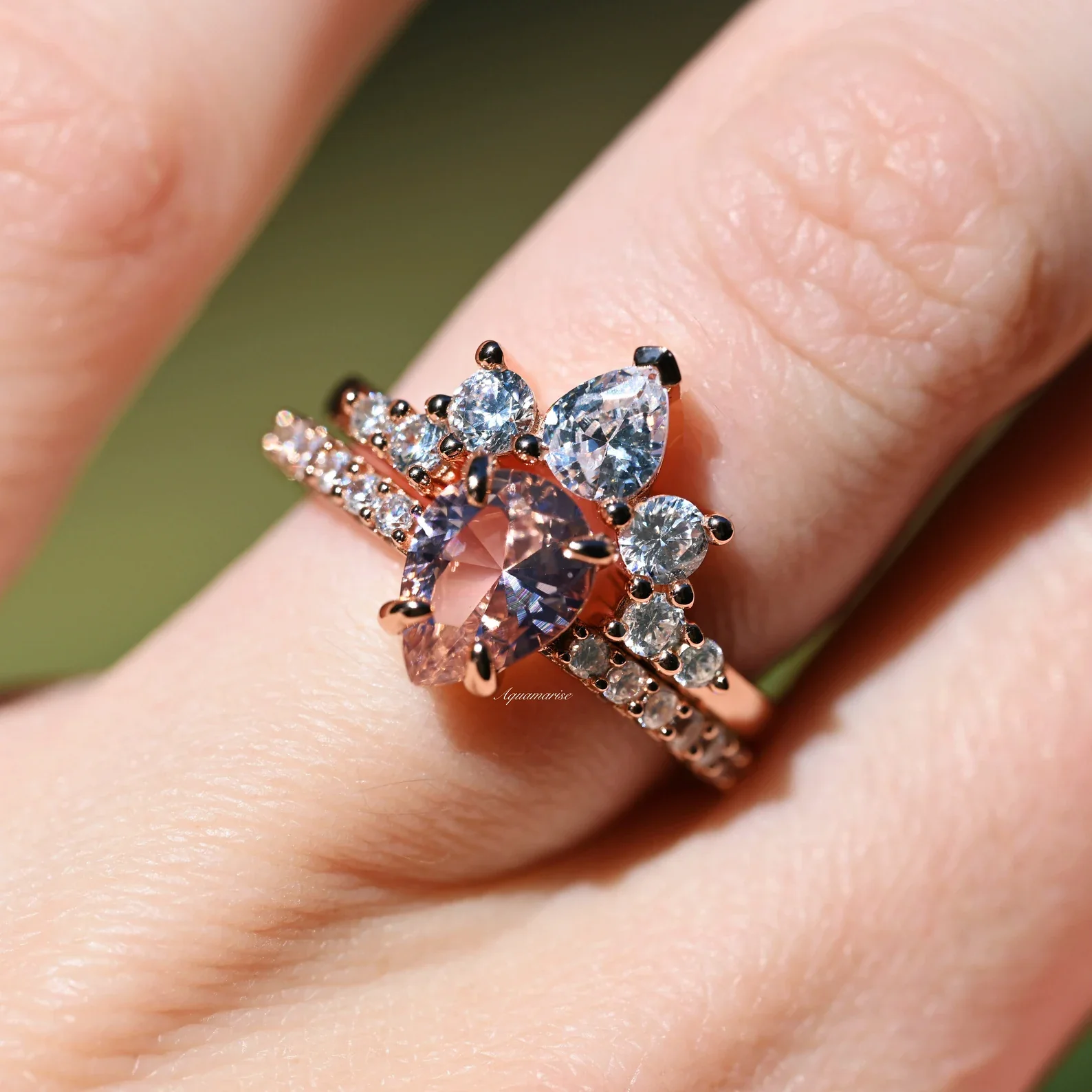 Teardrop Morganite Ring Set- 14K Rose Gold Vermeil - Image 3