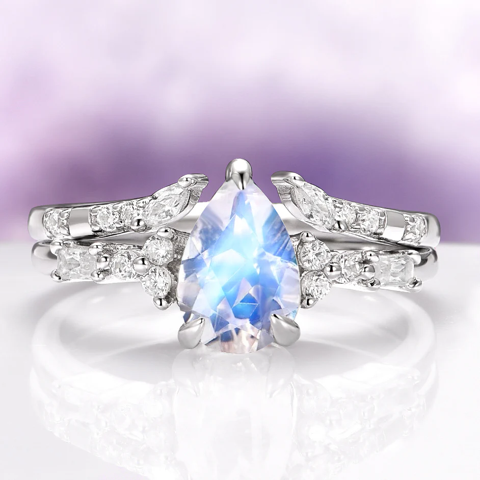 Teardrop Natural Moonstone Engagement Ring Set in 14K White Gold
