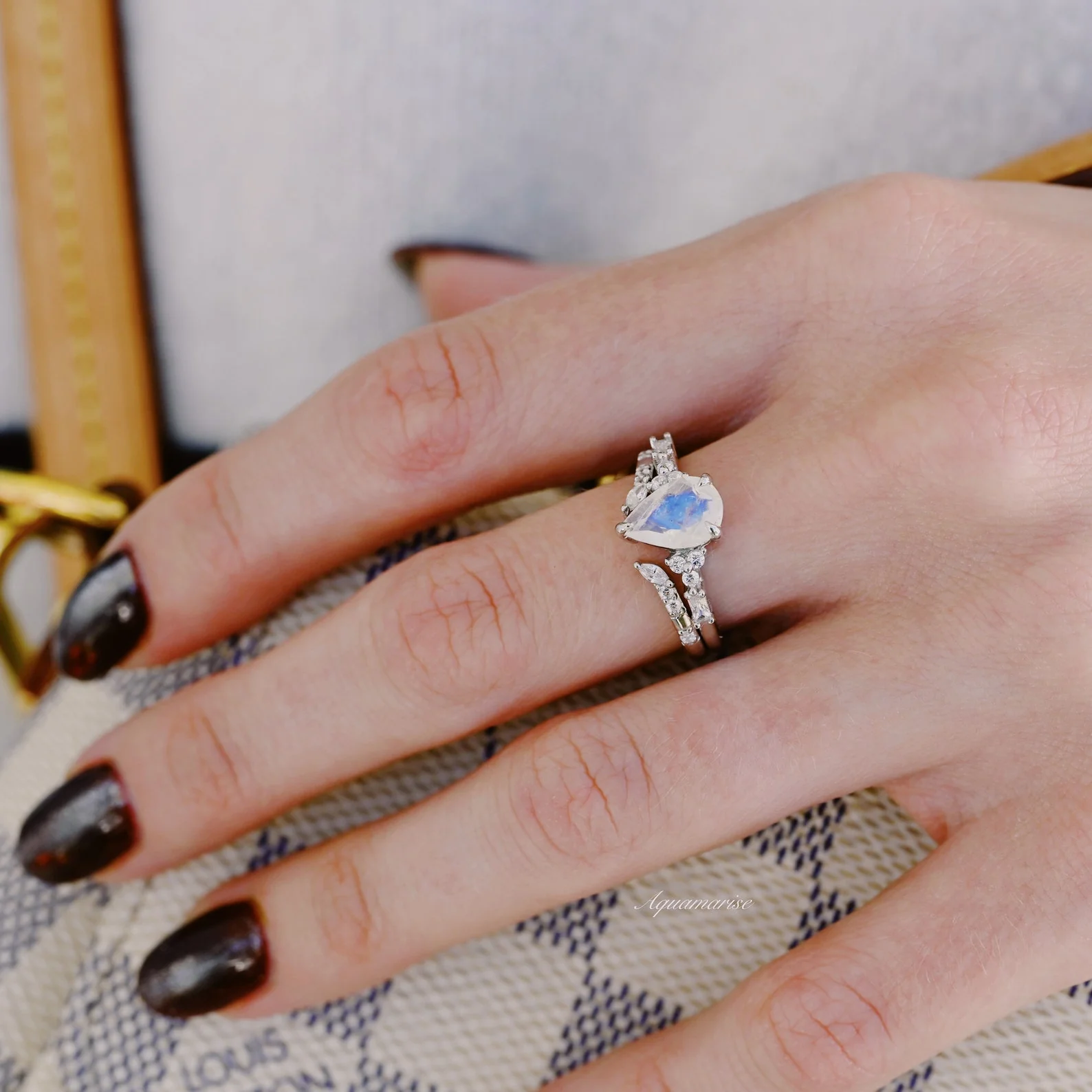 Teardrop Natural Moonstone Engagement Ring Set in 14K White Gold - Image 2