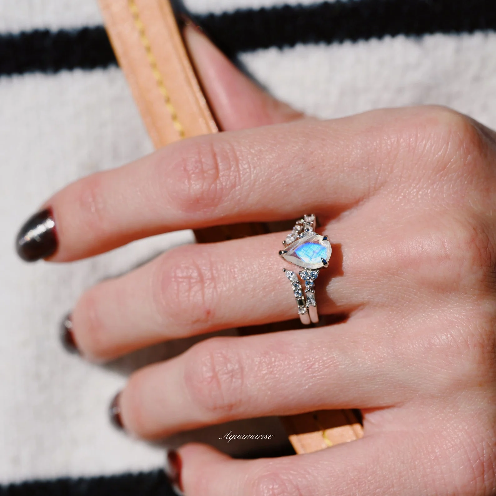 Teardrop Natural Moonstone Engagement Ring Set in 14K White Gold - Image 4