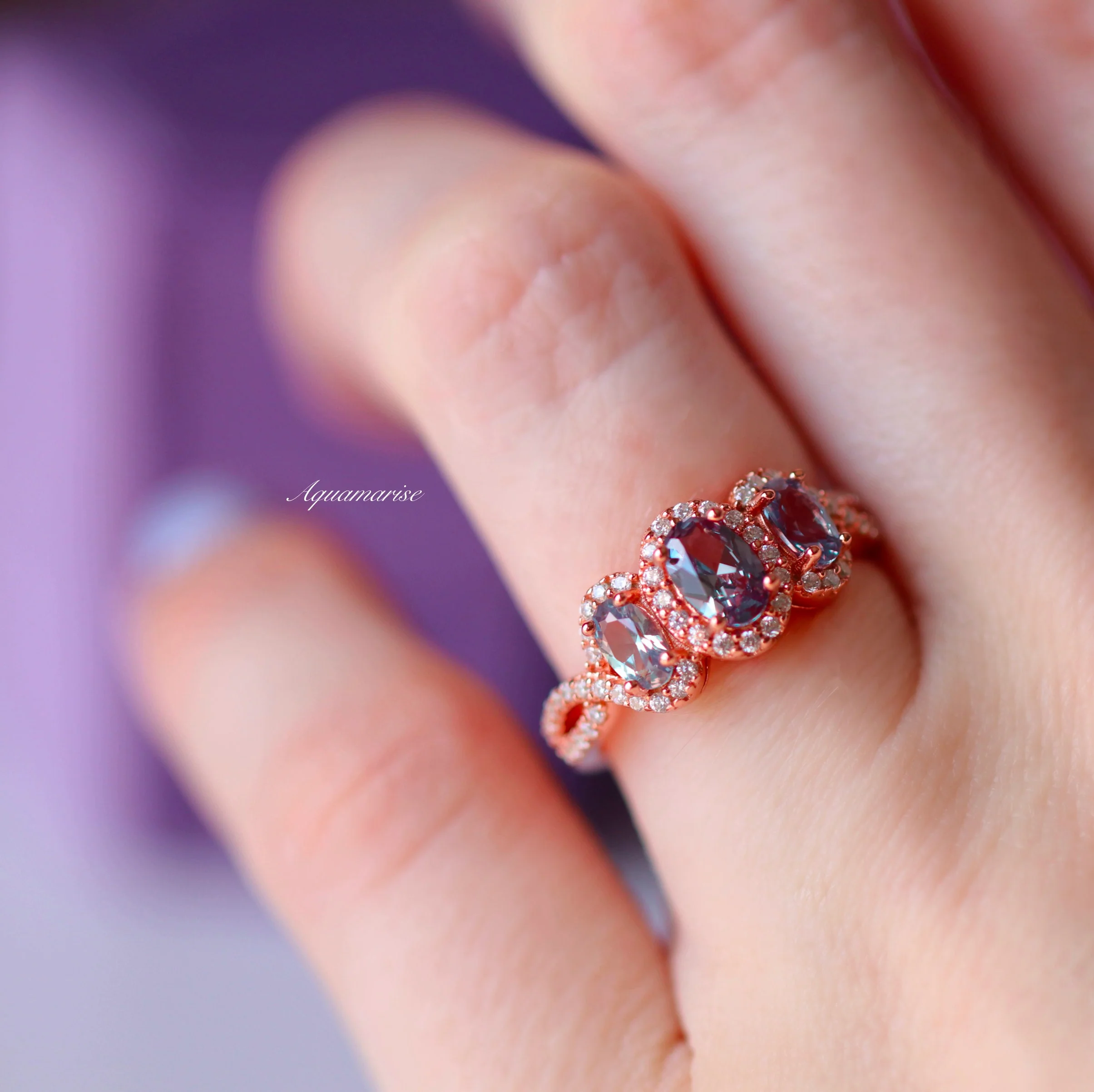 Three Stone Alexandrite Ring in 14K Rose Gold Vermeil - Image 3