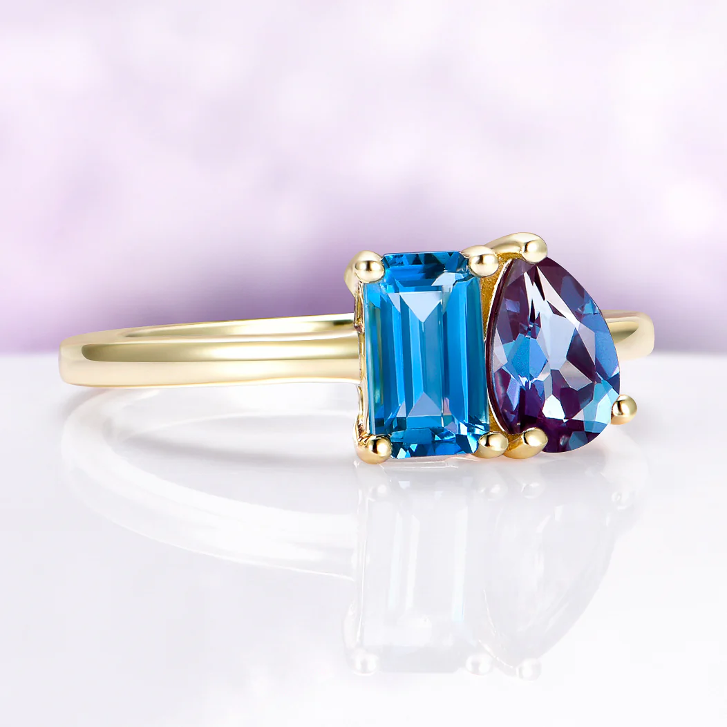 Toi Et Moi London Blue Topaz & Alexandrite Engagement Ring in Solid 14K Yellow Gold - Image 4