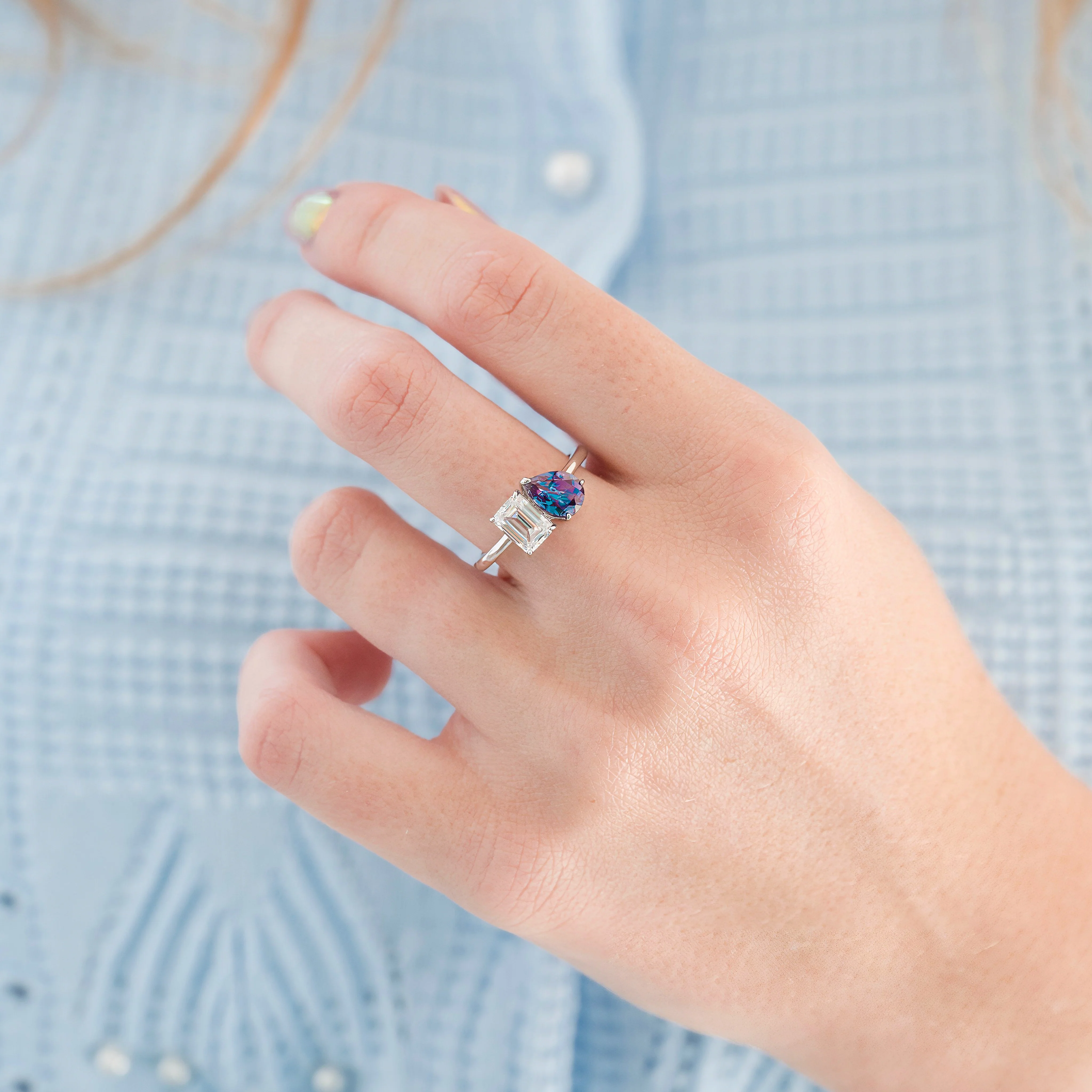 Toi Et Moi Alexandrite and Diamond Engagement Ring in 925 Sterling Silver - Image 2