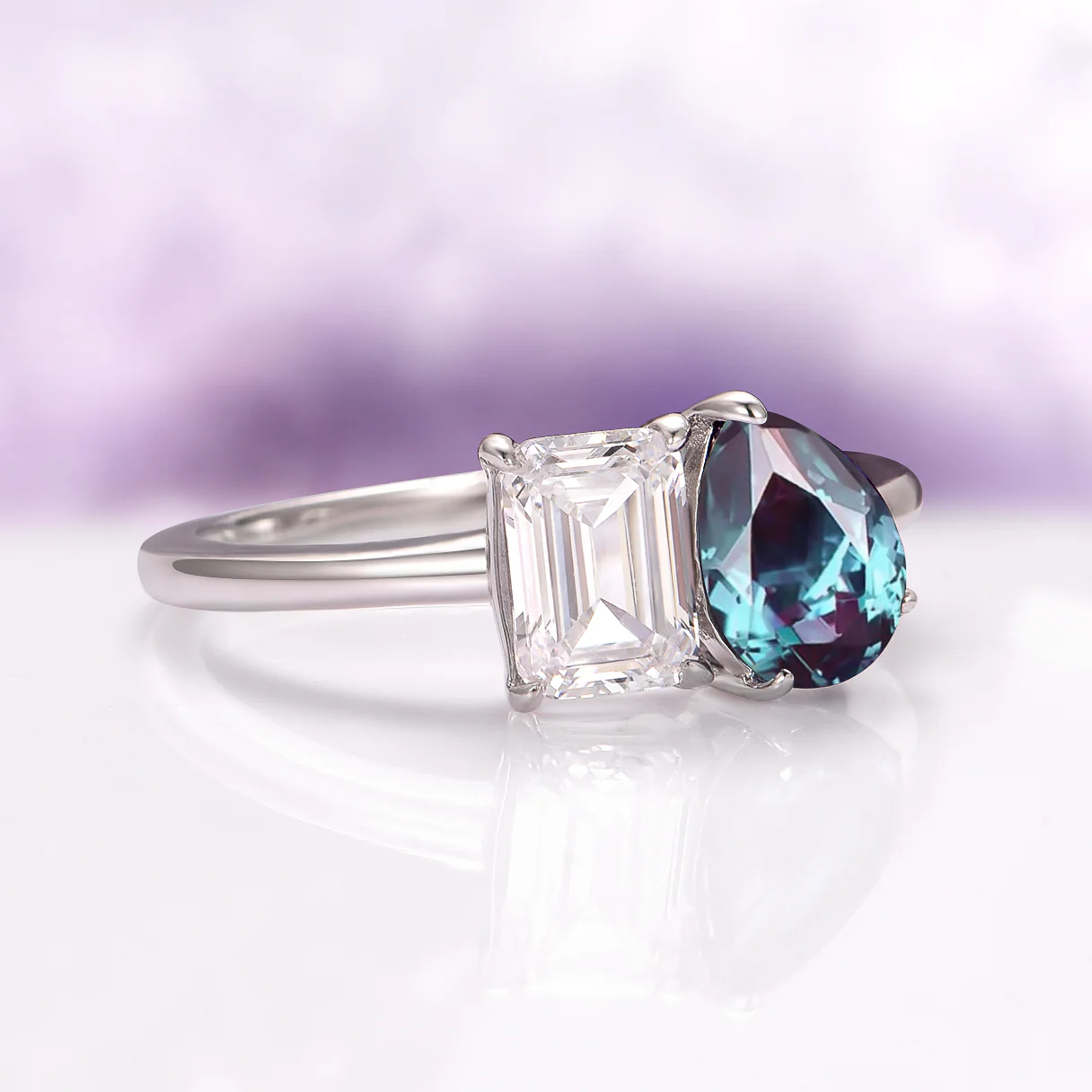 Toi Et Moi Alexandrite and Diamond Engagement Ring in 925 Sterling Silver - Image 3