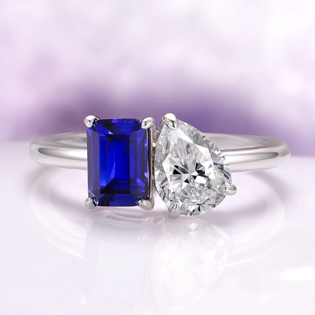 Toi Et Moi Blue Sapphire and Lab-Grown Diamond Engagement Ring in 14K White Gold (IGI Certified)