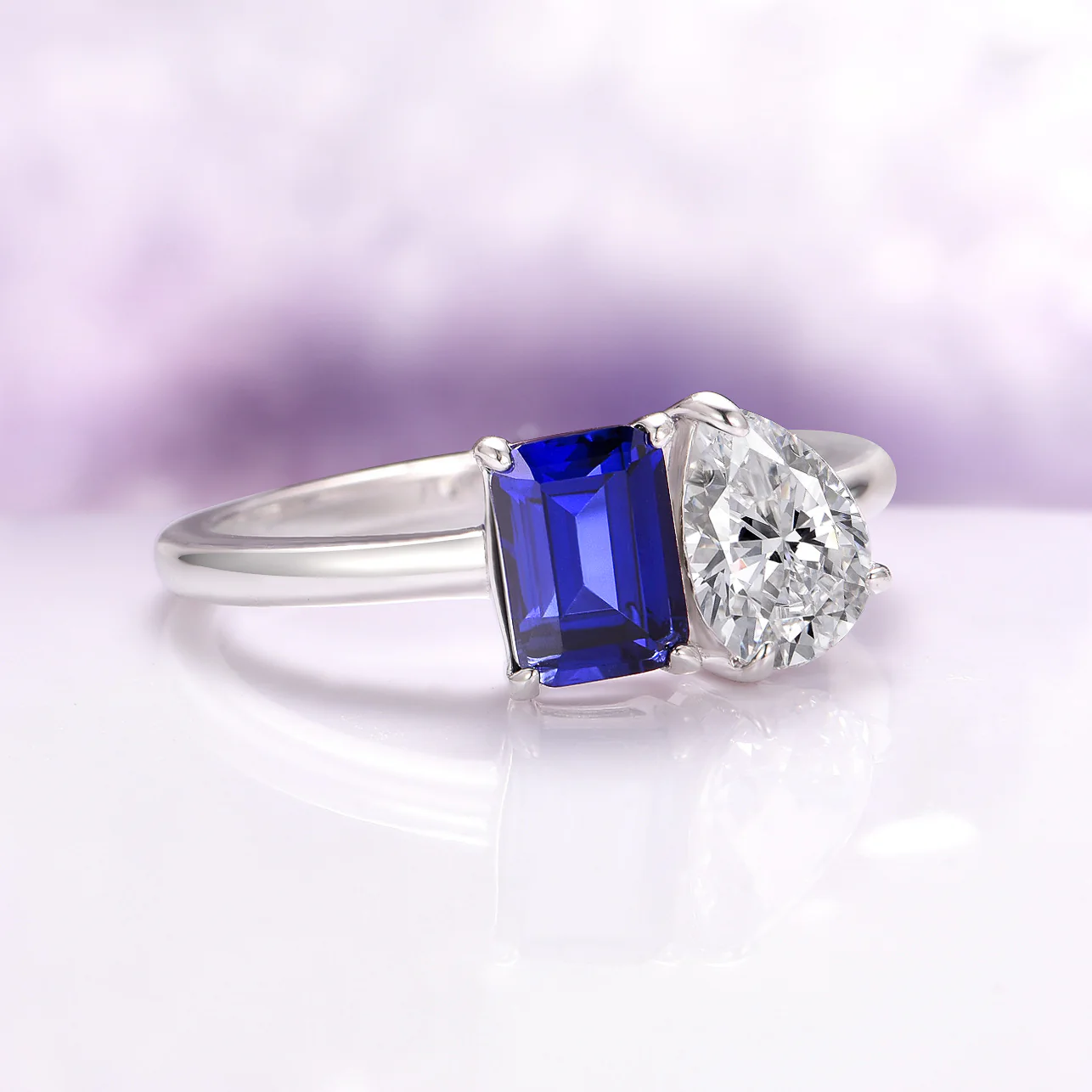 Toi Et Moi Blue Sapphire and Lab-Grown Diamond Engagement Ring in 14K White Gold (IGI Certified) - Image 3