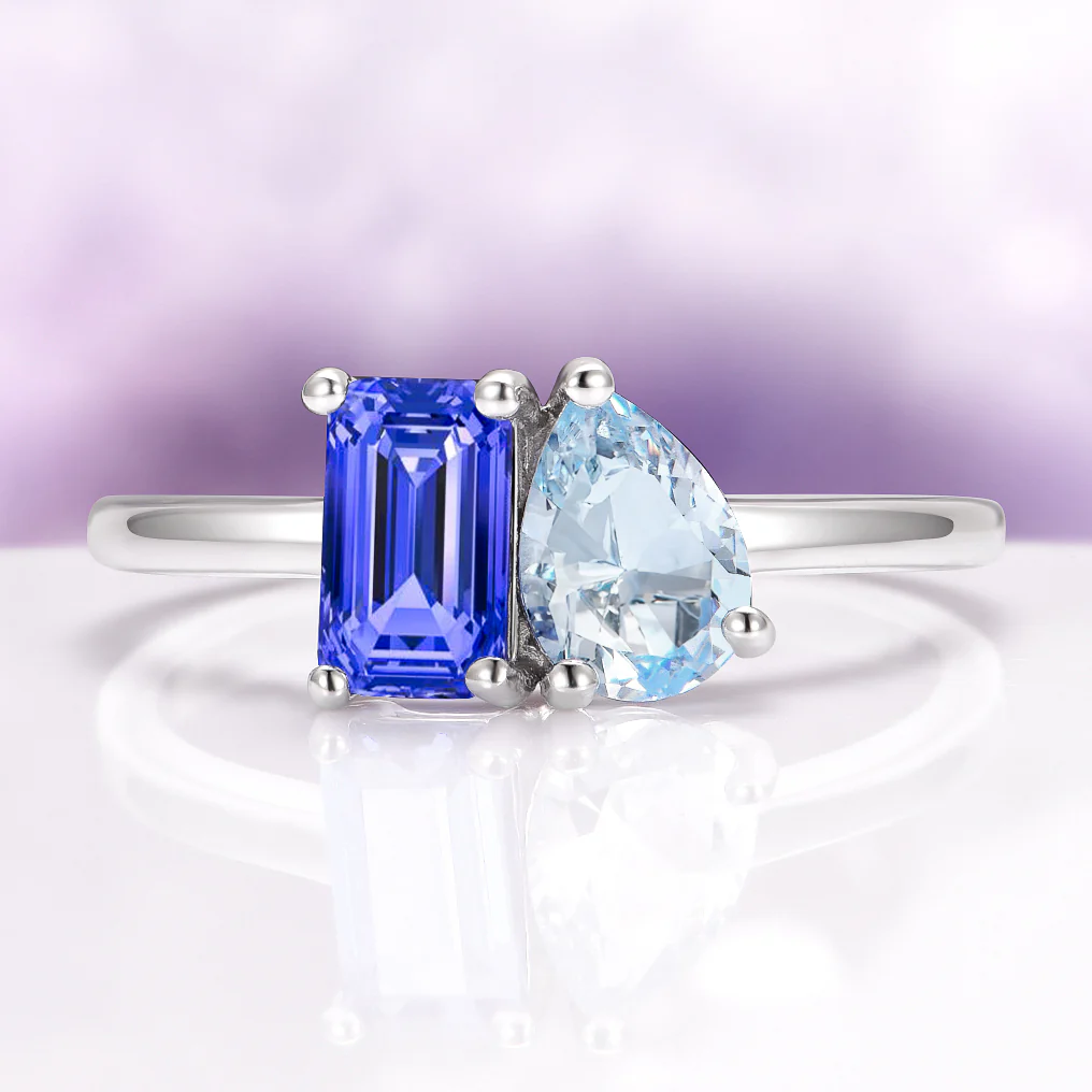 Toi Et Moi Blue Sapphire & Aquamarine Engagement Ring in 14K White Gold