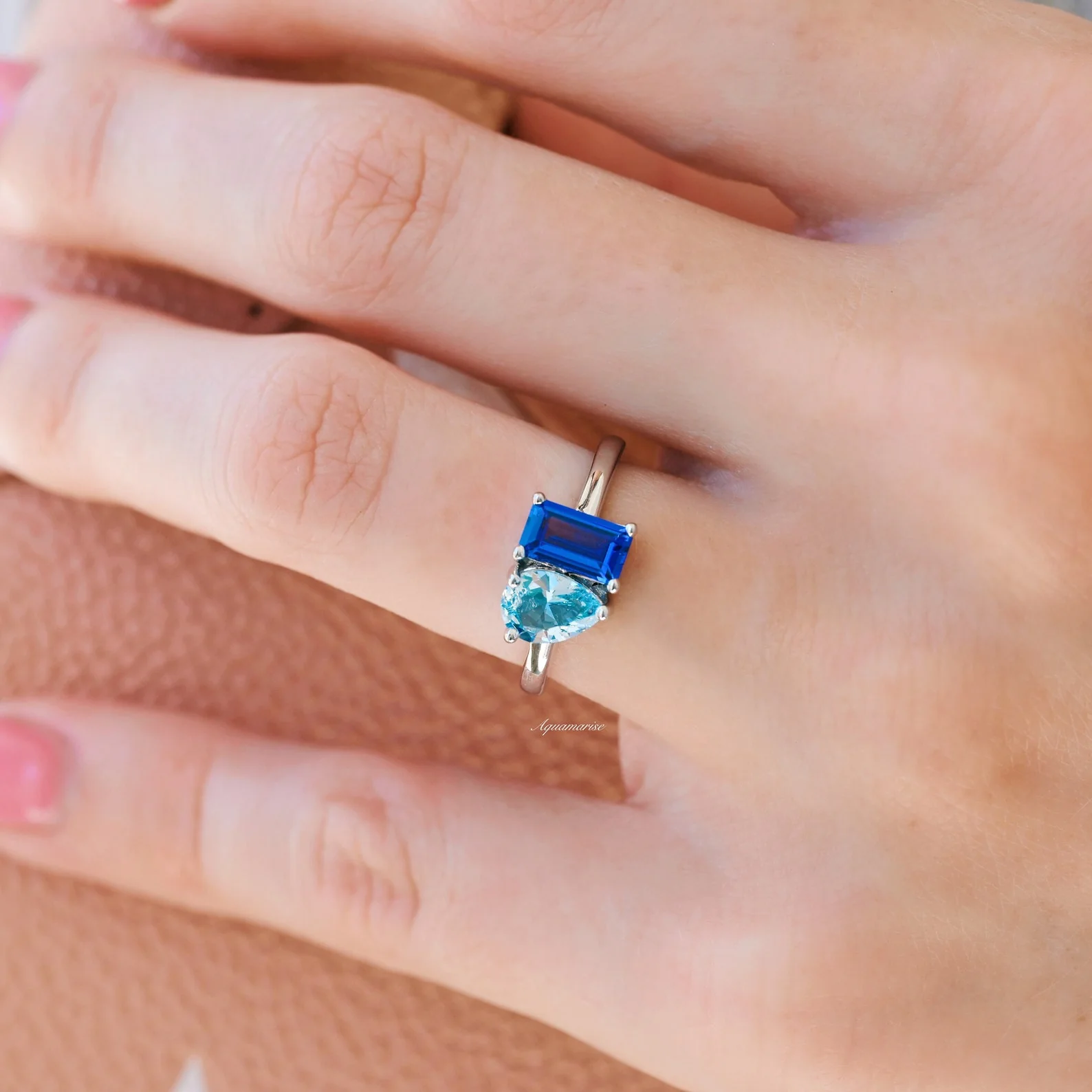 Toi Et Moi Blue Sapphire & Aquamarine Engagement Ring in 14K White Gold - Image 2