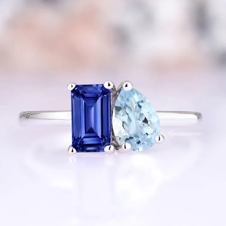 Toi Et Moi Blue Sapphire & Aquamarine Engagement Ring in 14K White Gold - Image 6