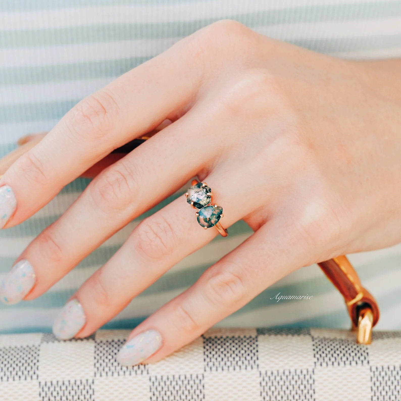 Toi Et Moi Moss Agate Ring in Solid 14K Rose Gold - Image 2