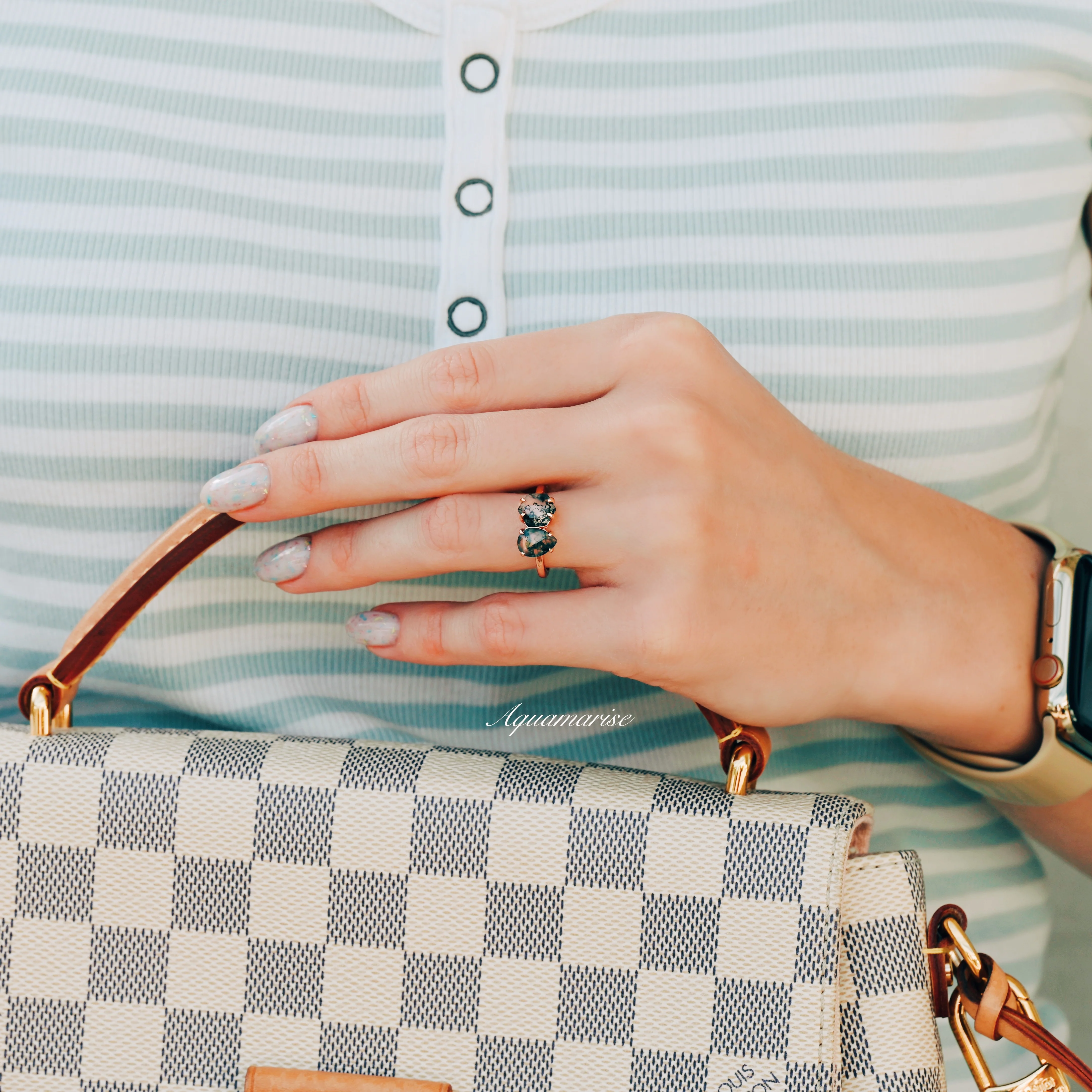 Toi Et Moi Moss Agate Ring in Solid 14K Rose Gold - Image 3