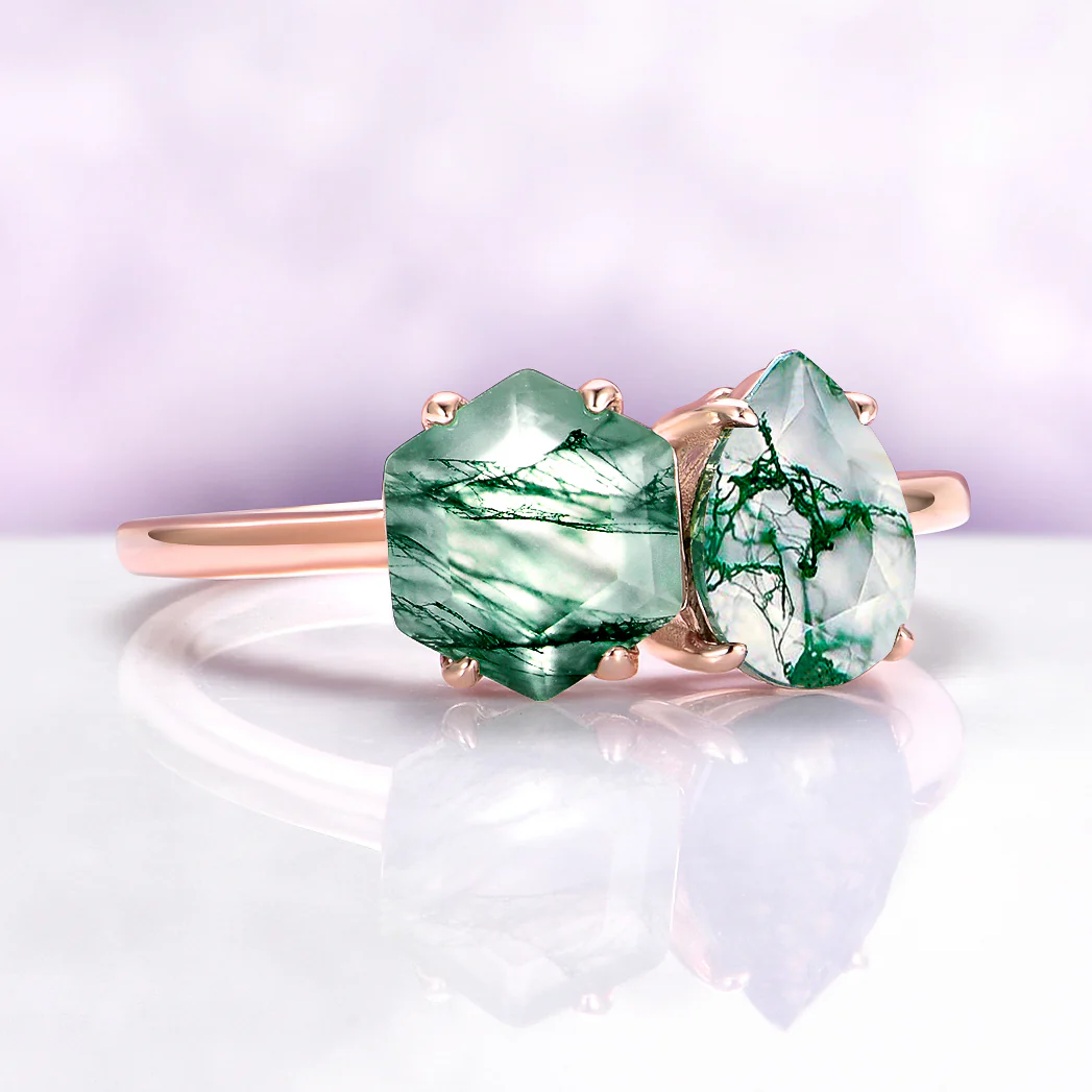 Toi Et Moi Moss Agate Ring in Solid 14K Rose Gold - Image 4