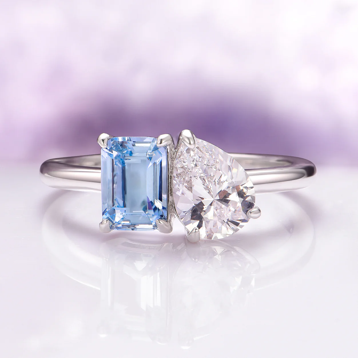 Toi Et Moi Aquamarine and Simulated Diamond Ring- 925 Sterling Silver
