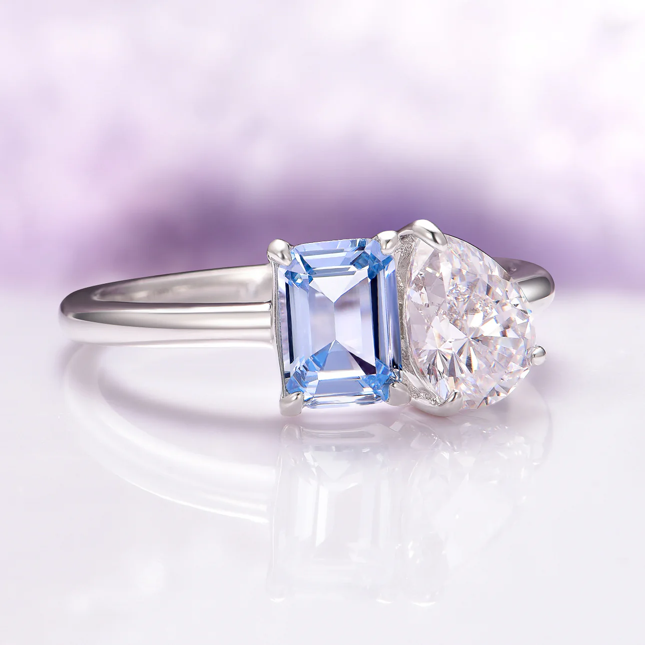 Toi Et Moi Aquamarine and Simulated Diamond Ring- 925 Sterling Silver - Image 4
