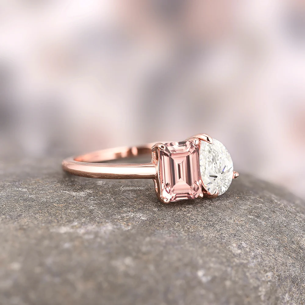 Toi Et Moi Morganite and Moissanite Ring- 14K Solid Rose Gold - Image 4