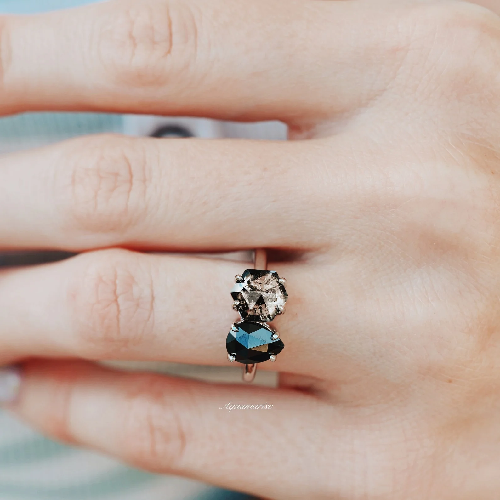 Toi Et Moi Herkimer Diamond & Black Onyx Ring- 14K White Gold - Image 2