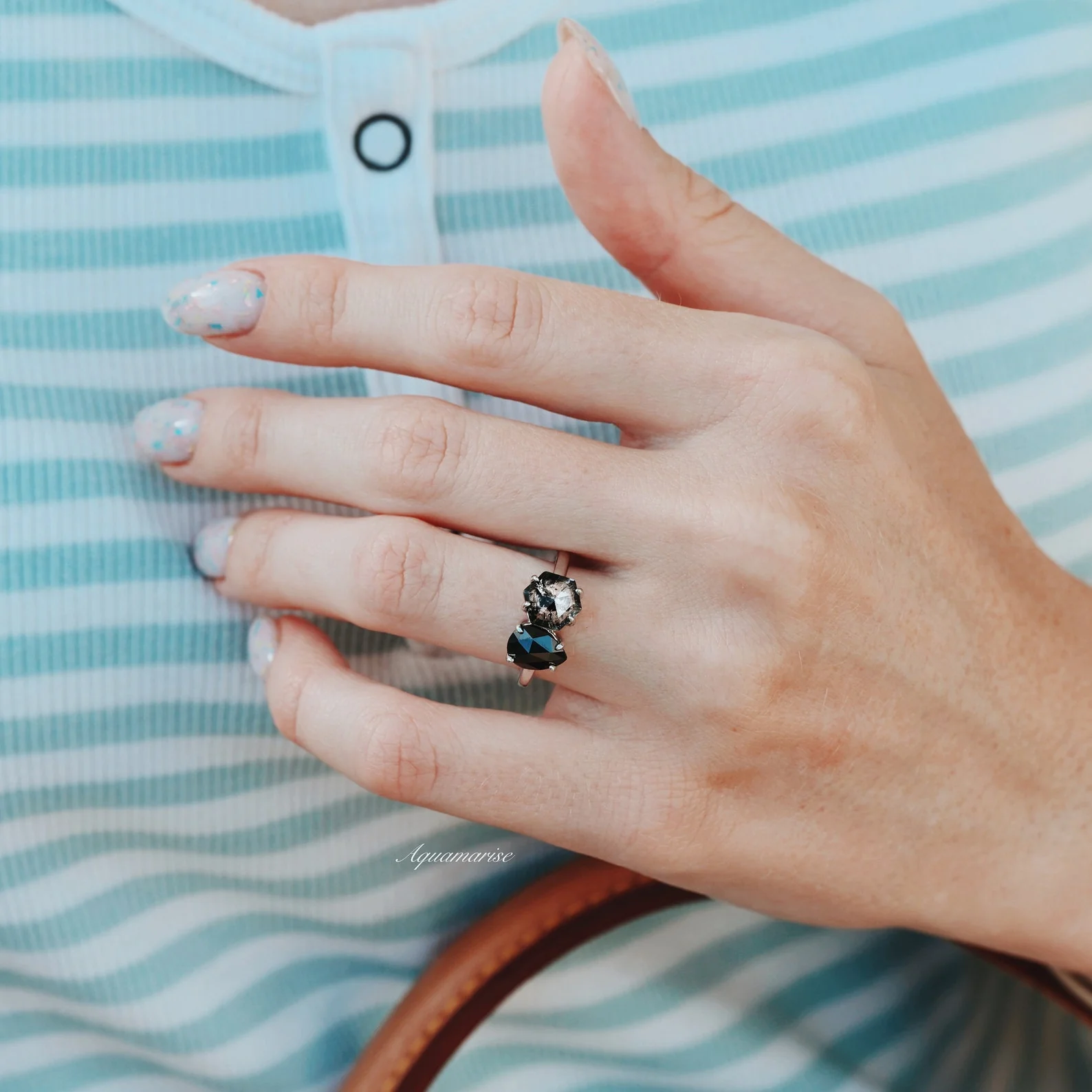 Toi Et Moi Herkimer Diamond & Black Onyx Ring- 14K White Gold - Image 3