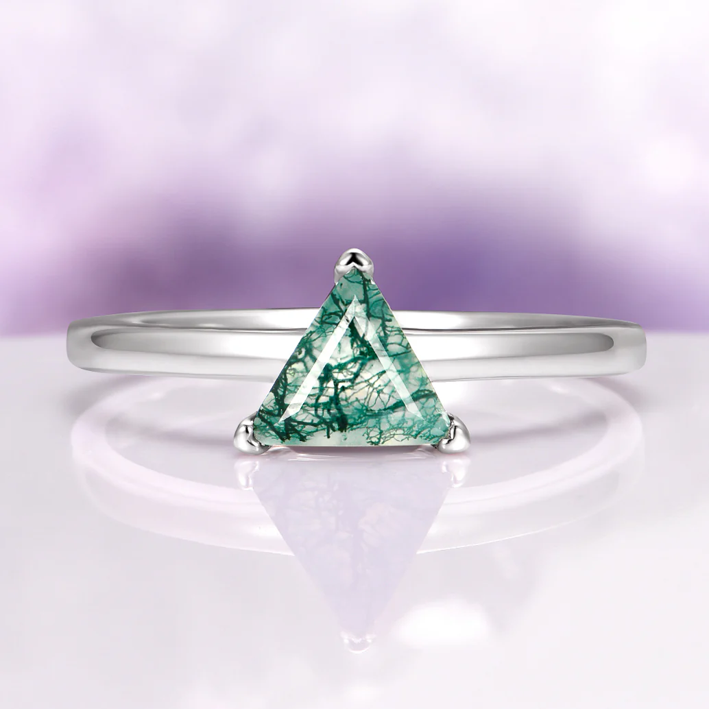 Triangle Green Moss Agate Engagement Ring in 14K White Gold