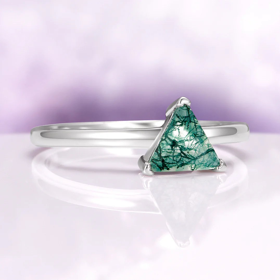 Triangle Green Moss Agate Engagement Ring in 14K White Gold - Image 4