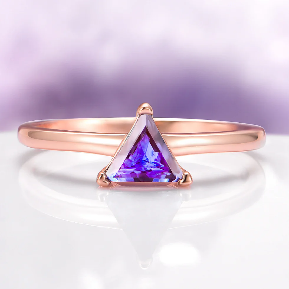 Minimalist Triangle Cut Alexandrite Engagement Ring in 14K Solid Rose Gold