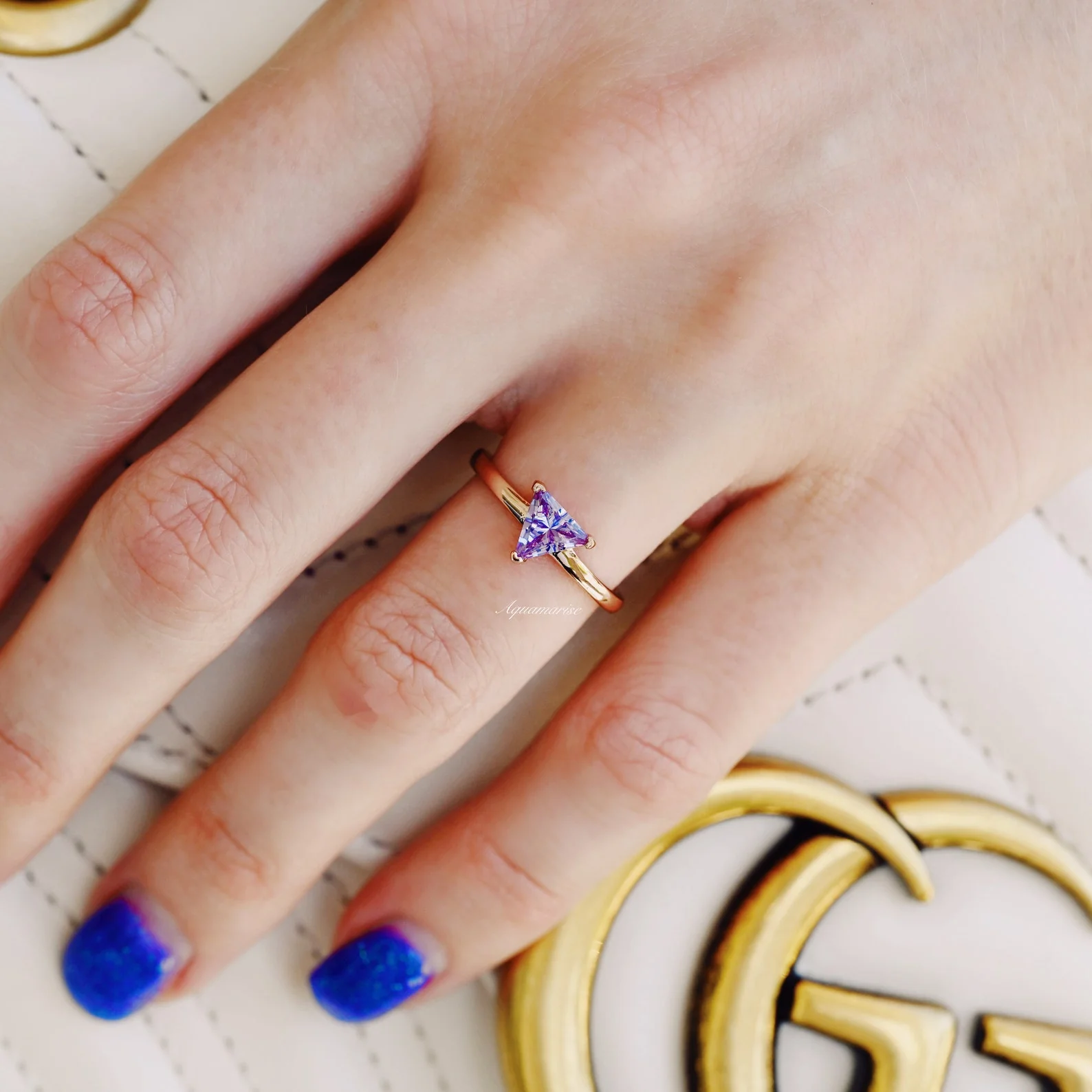 Minimalist Triangle Cut Alexandrite Engagement Ring in 14K Solid Rose Gold - Image 3