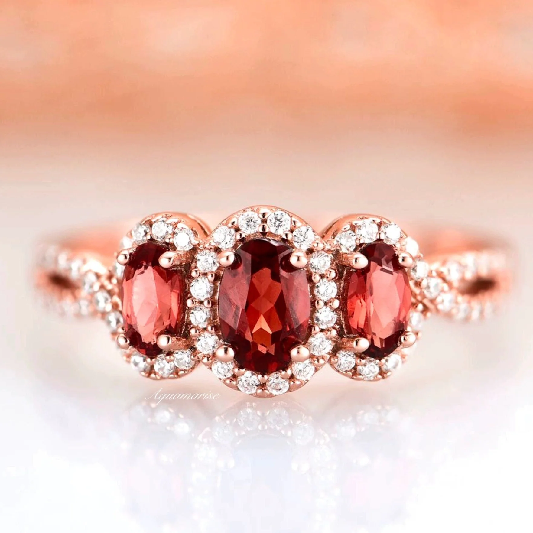 Three Stone Red Garnet Ring in 14K Rose Gold Vermeil