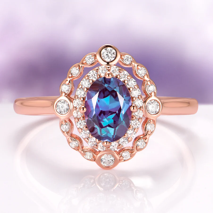 Valentina Art Deco Alexandrite Engagement Ring in 14K Solid Rose Gold