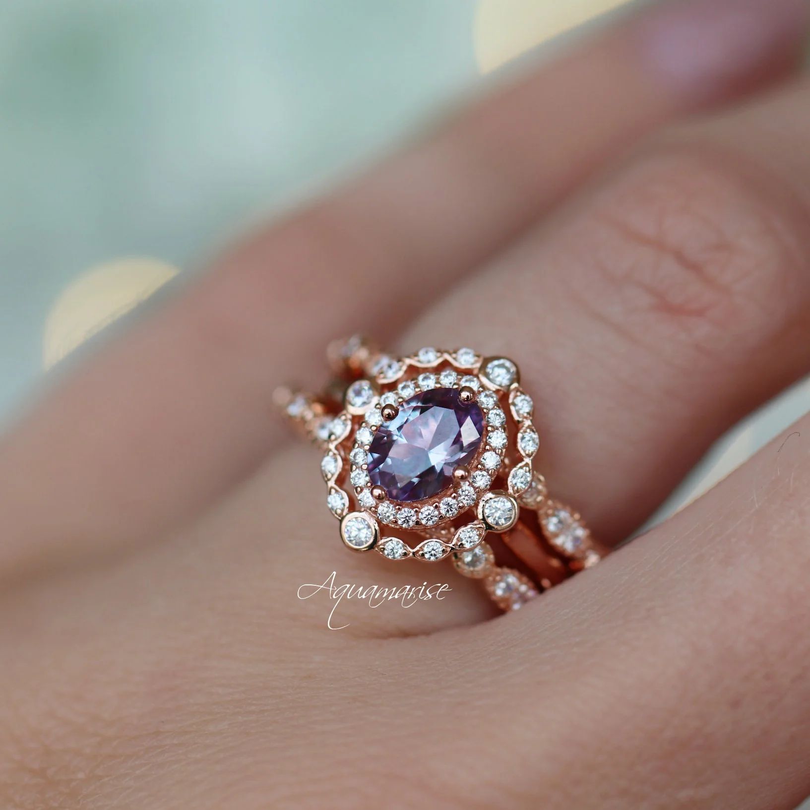 Valentina Art Deco Alexandrite Engagement Ring in 14K Solid Rose Gold - Image 2