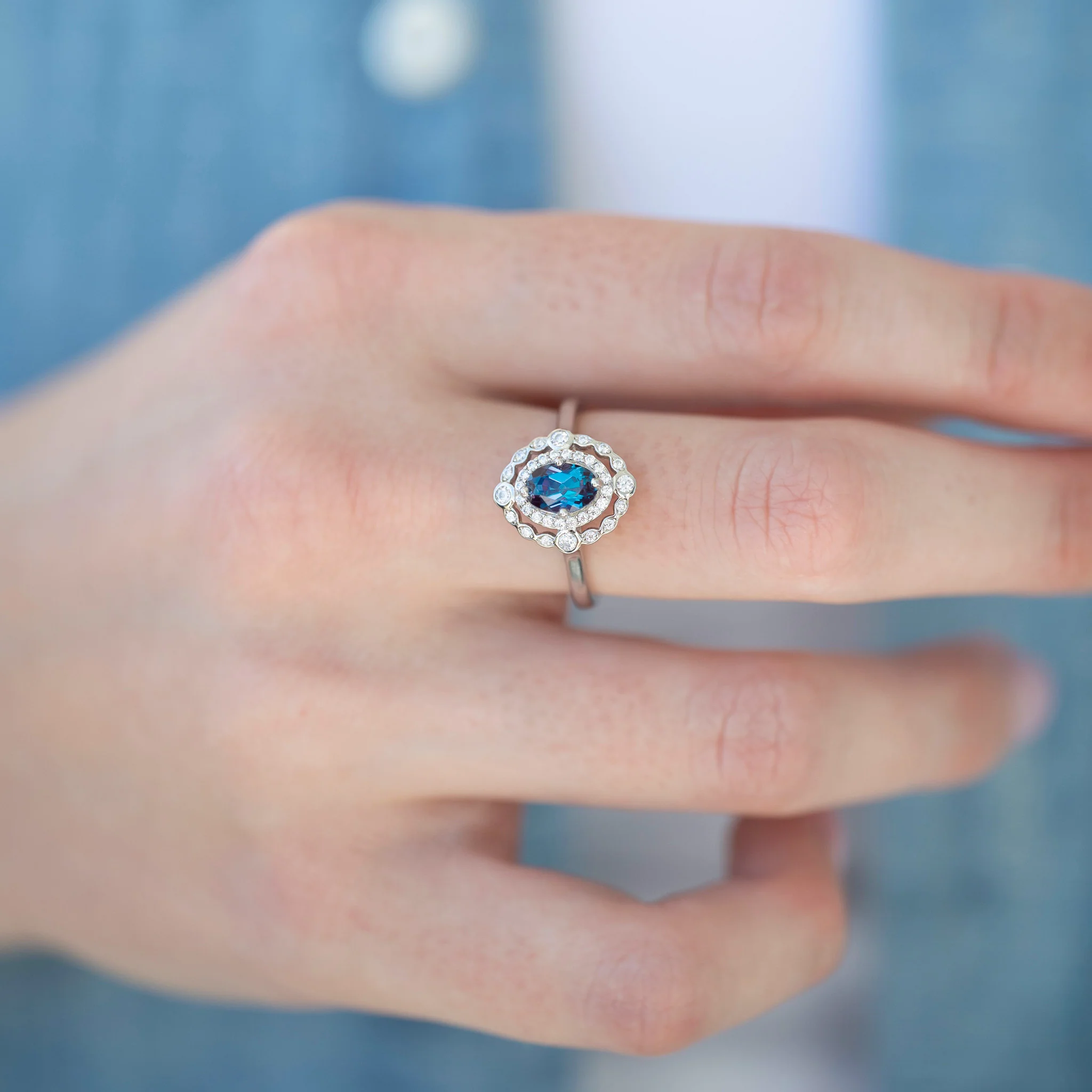 Valentina Art Deco Alexandrite Ring in 14K White Gold - Image 2