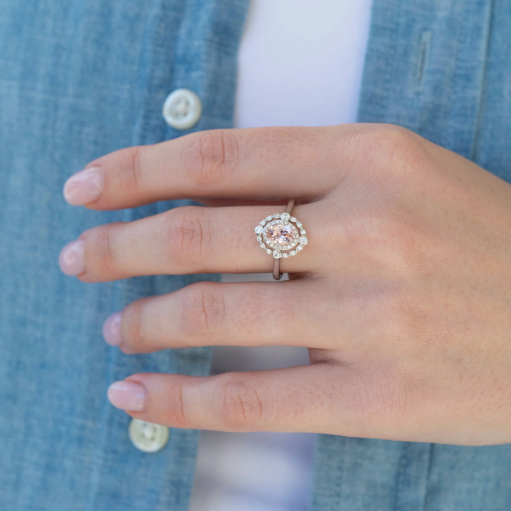 Valentina Art Deco Morganite Engagement Ring in 14K White Gold - Image 3