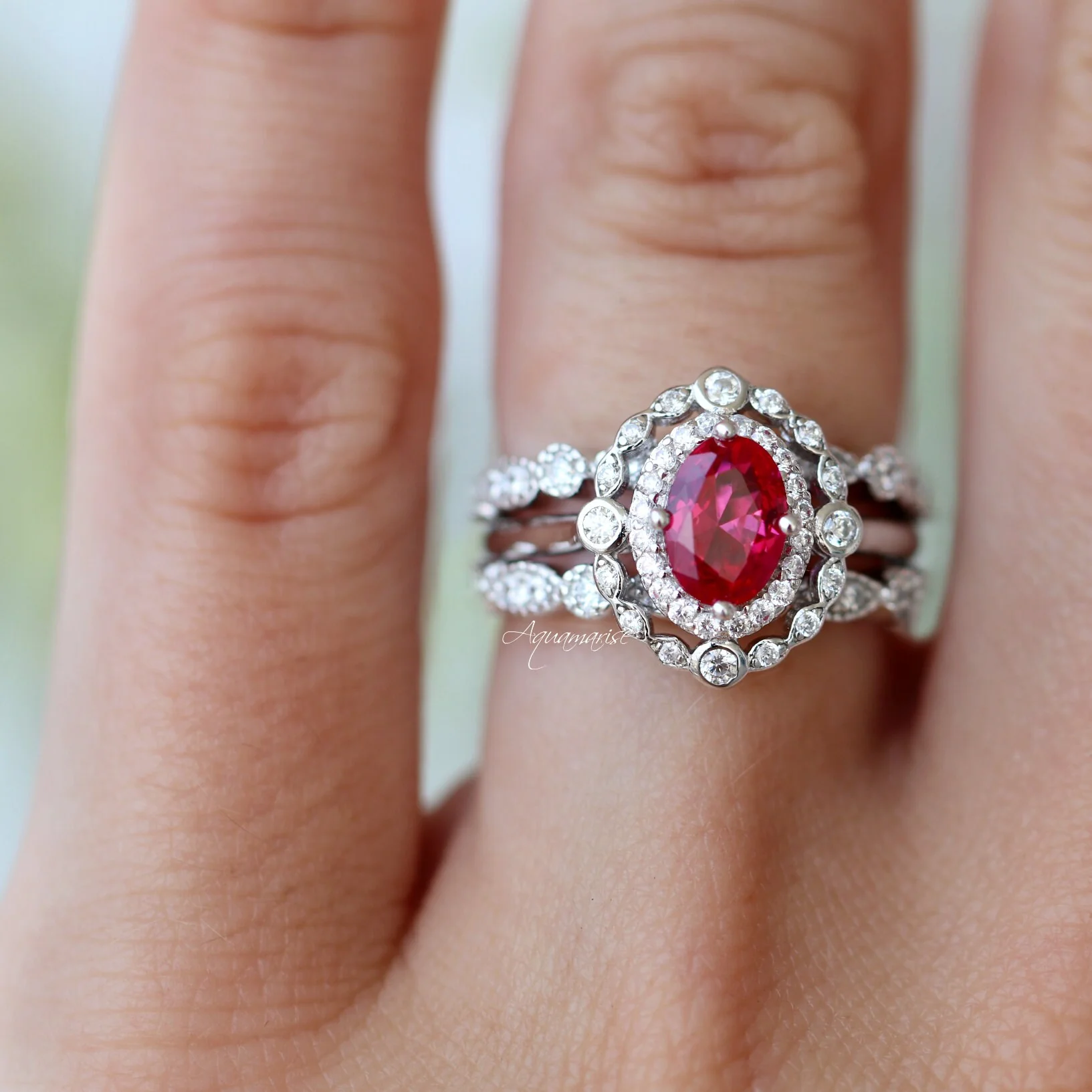 Valentina Art Deco Lab-Grown Ruby Engagement Ring in 14K White Gold - Image 4