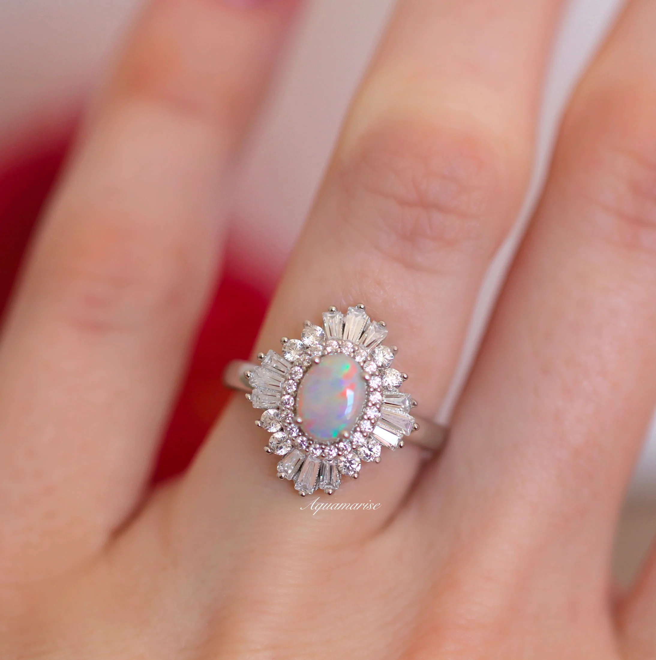 Victoria Natural Australian Opal Art Deco Engagement Ring in 14K White Gold - Image 4