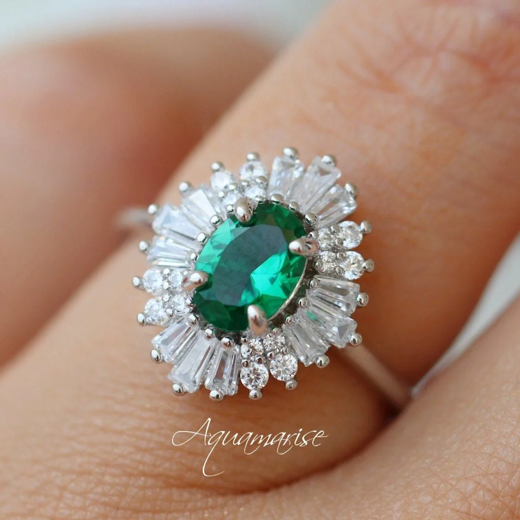 Victoria Art Deco Emerald Engagement Ring in 14K White Gold - Image 2