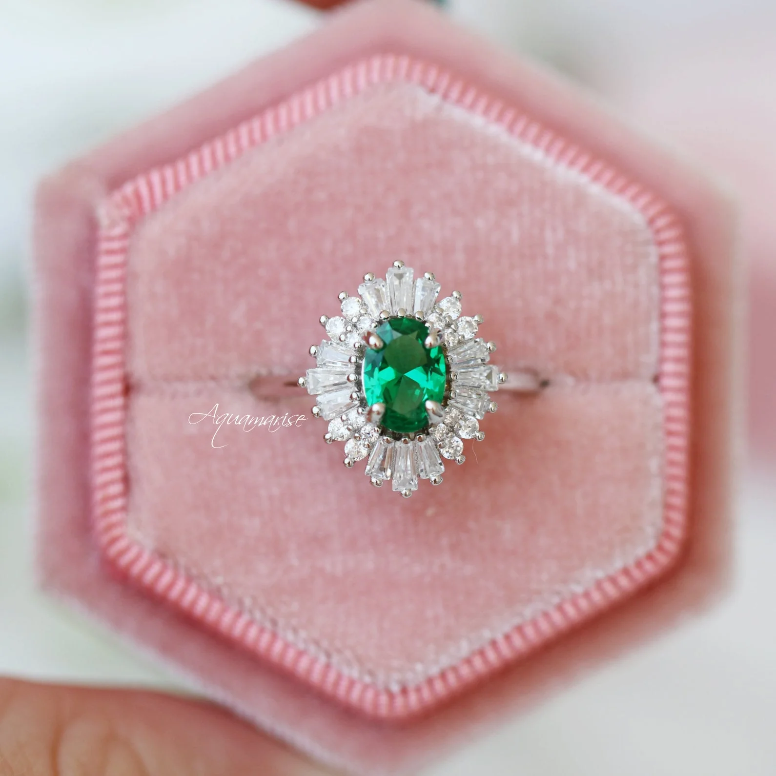 Victoria Art Deco Emerald Engagement Ring in 14K White Gold - Image 3