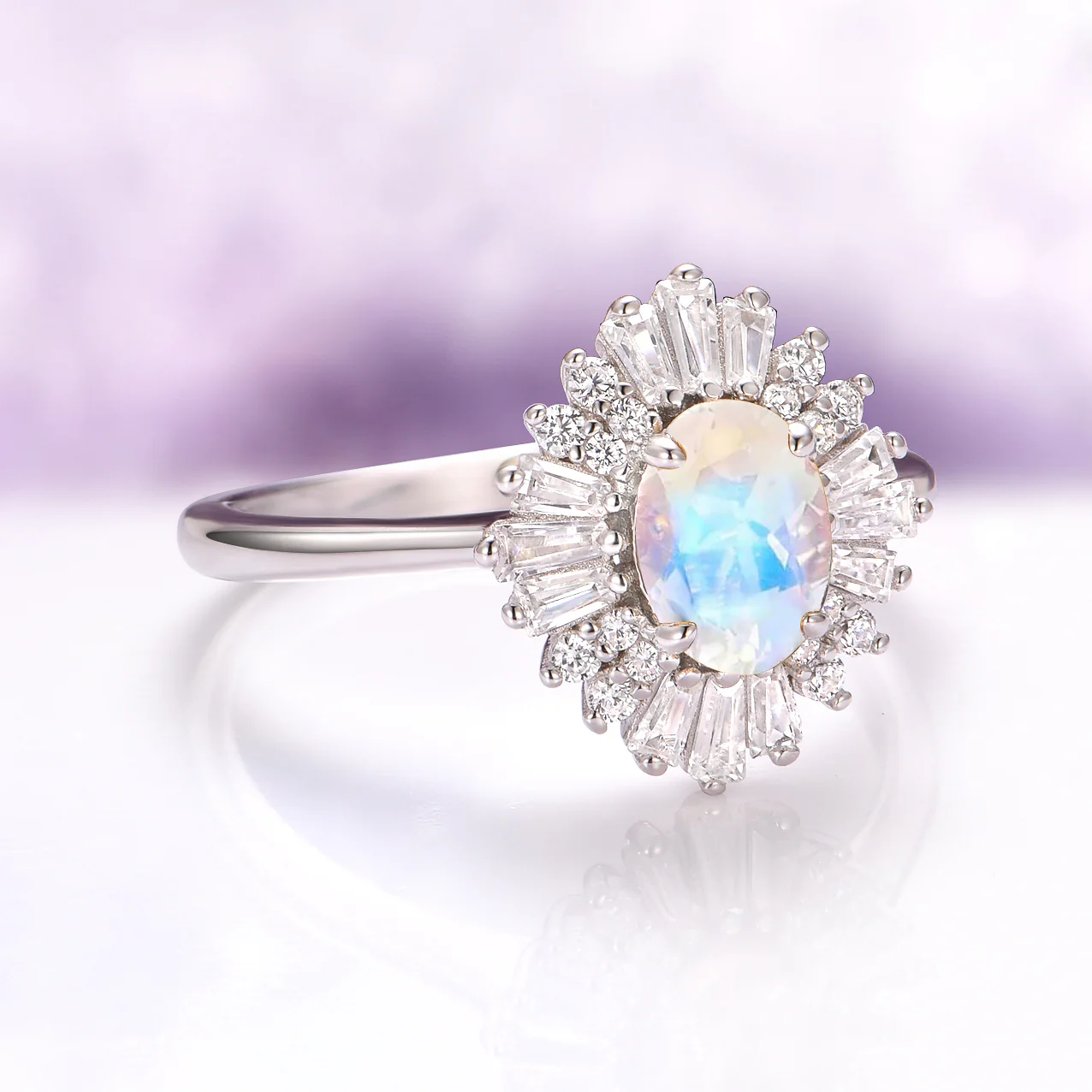 Victoria Art Deco Moonstone Engagement Ring in 14K White Gold - Image 4