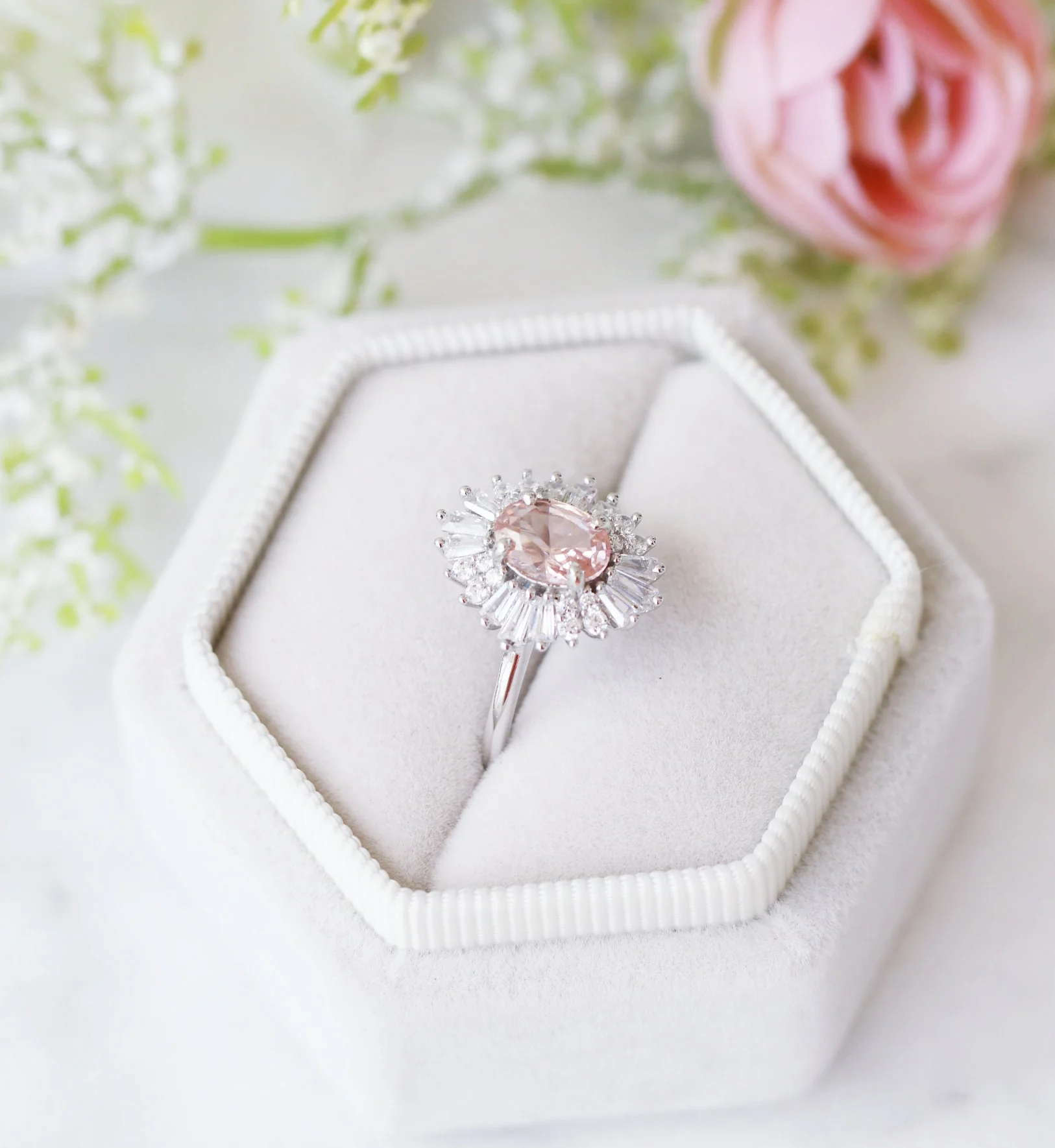Victoria Art Deco Morganite Engagement Ring in 14K White Gold - Image 2