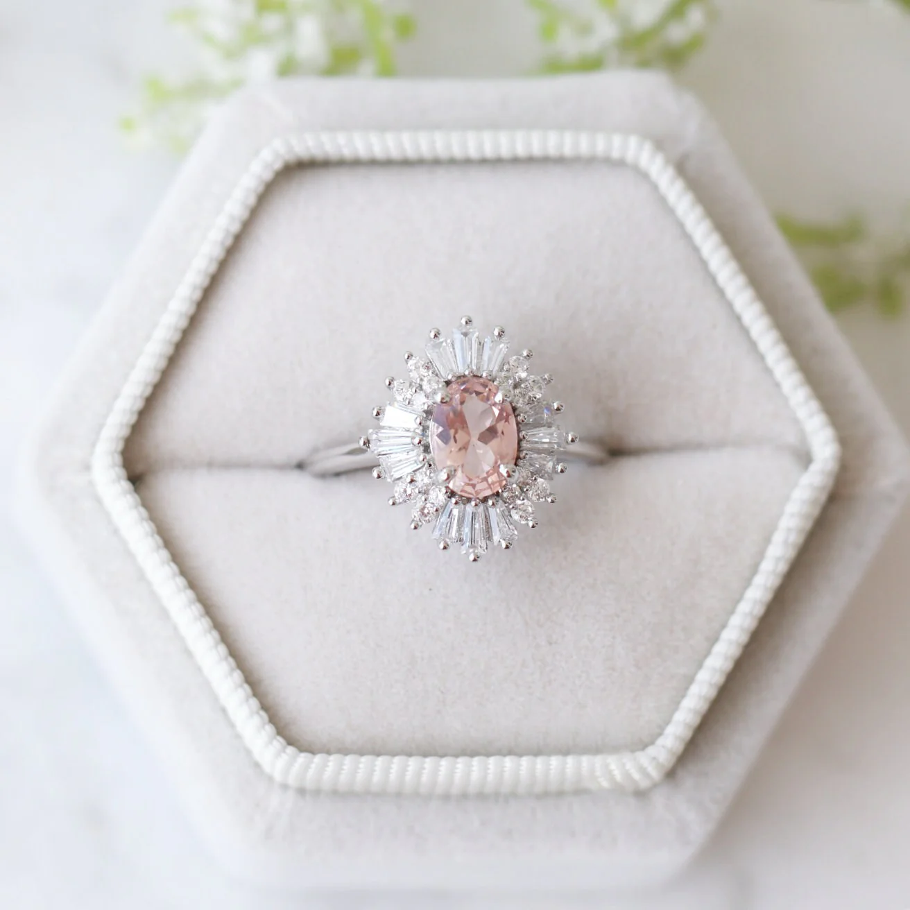 Victoria Art Deco Morganite Engagement Ring in 14K White Gold - Image 3