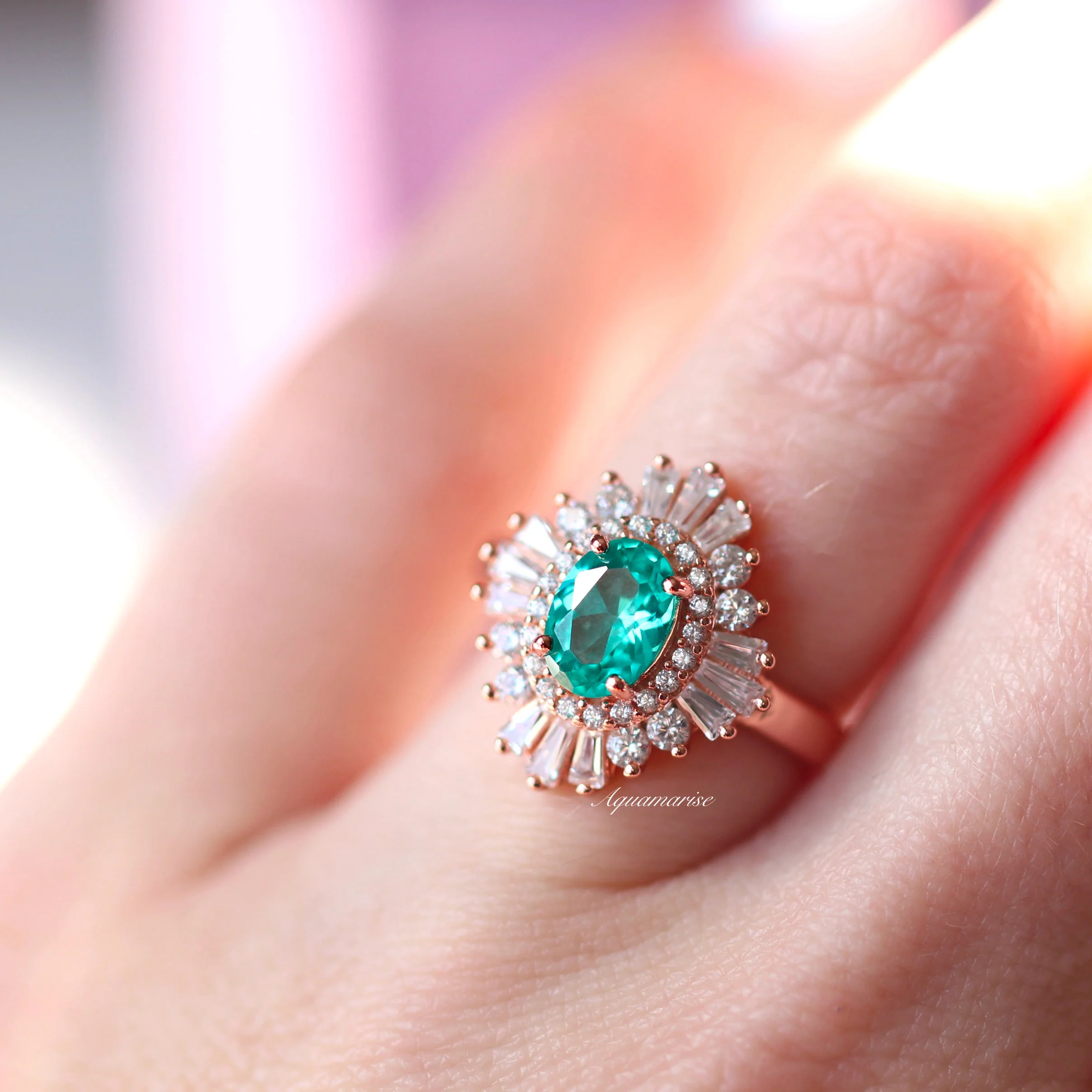 Victoria Art Deco Paraiba Tourmaline Engagement Ring in 14K Solid Rose Gold - Image 2
