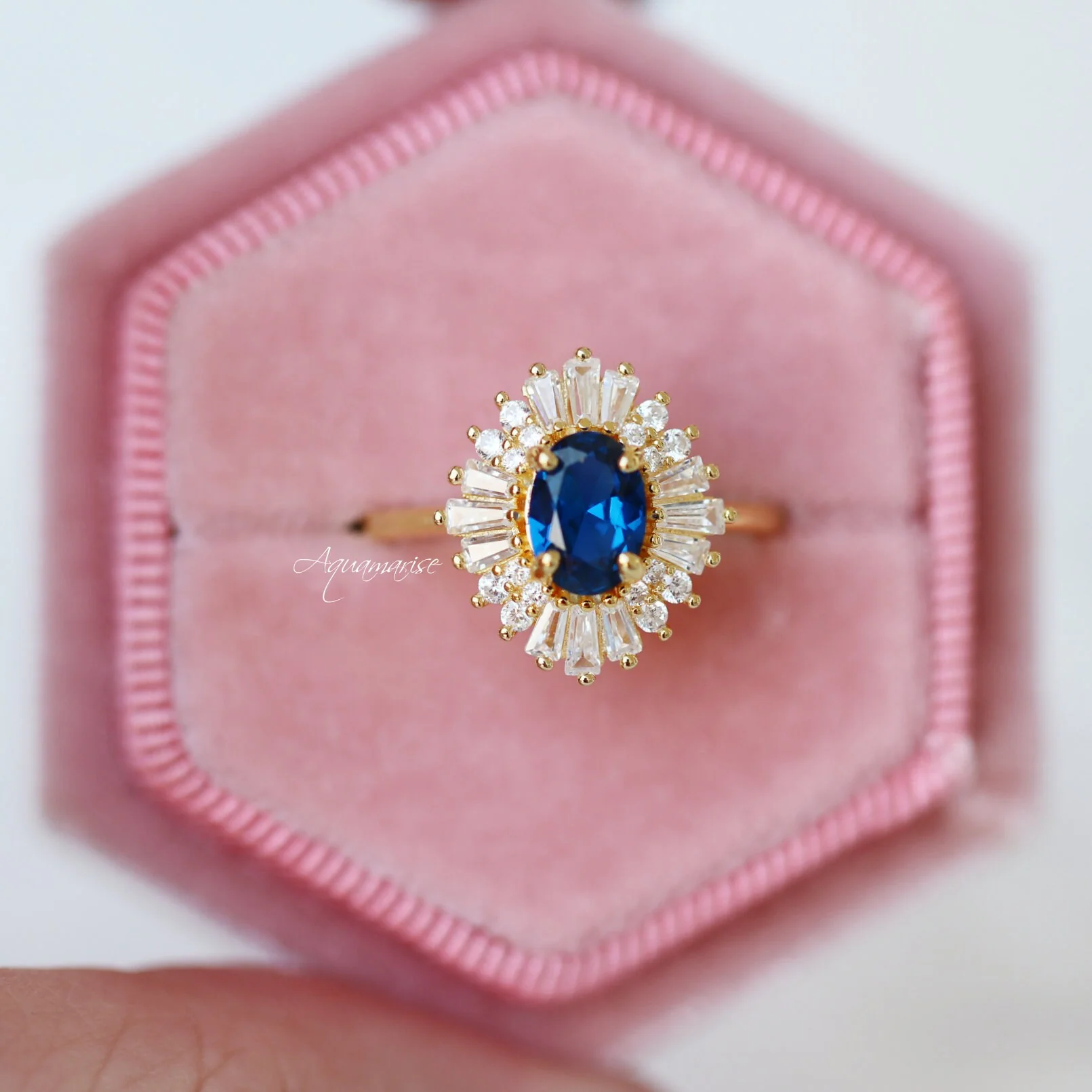 Victoria Blue Sapphire Engagement Ring in 14K Solid Yellow Gold - Image 3