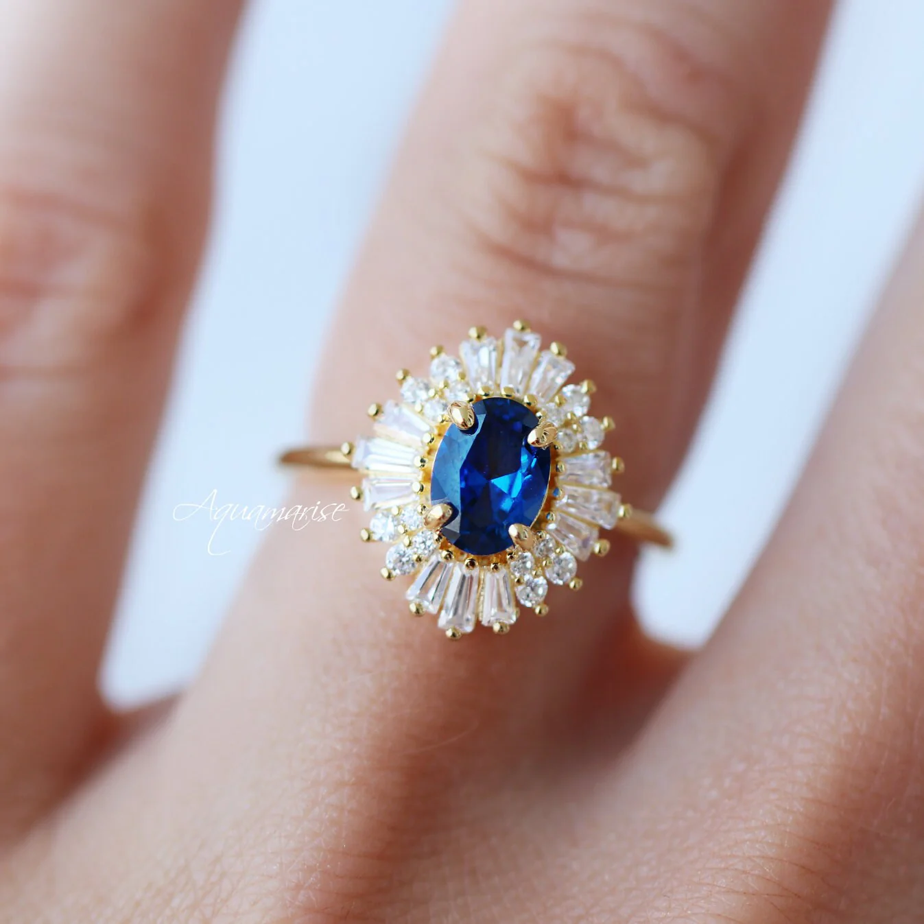 Victoria Blue Sapphire Engagement Ring in 14K Solid Yellow Gold - Image 4
