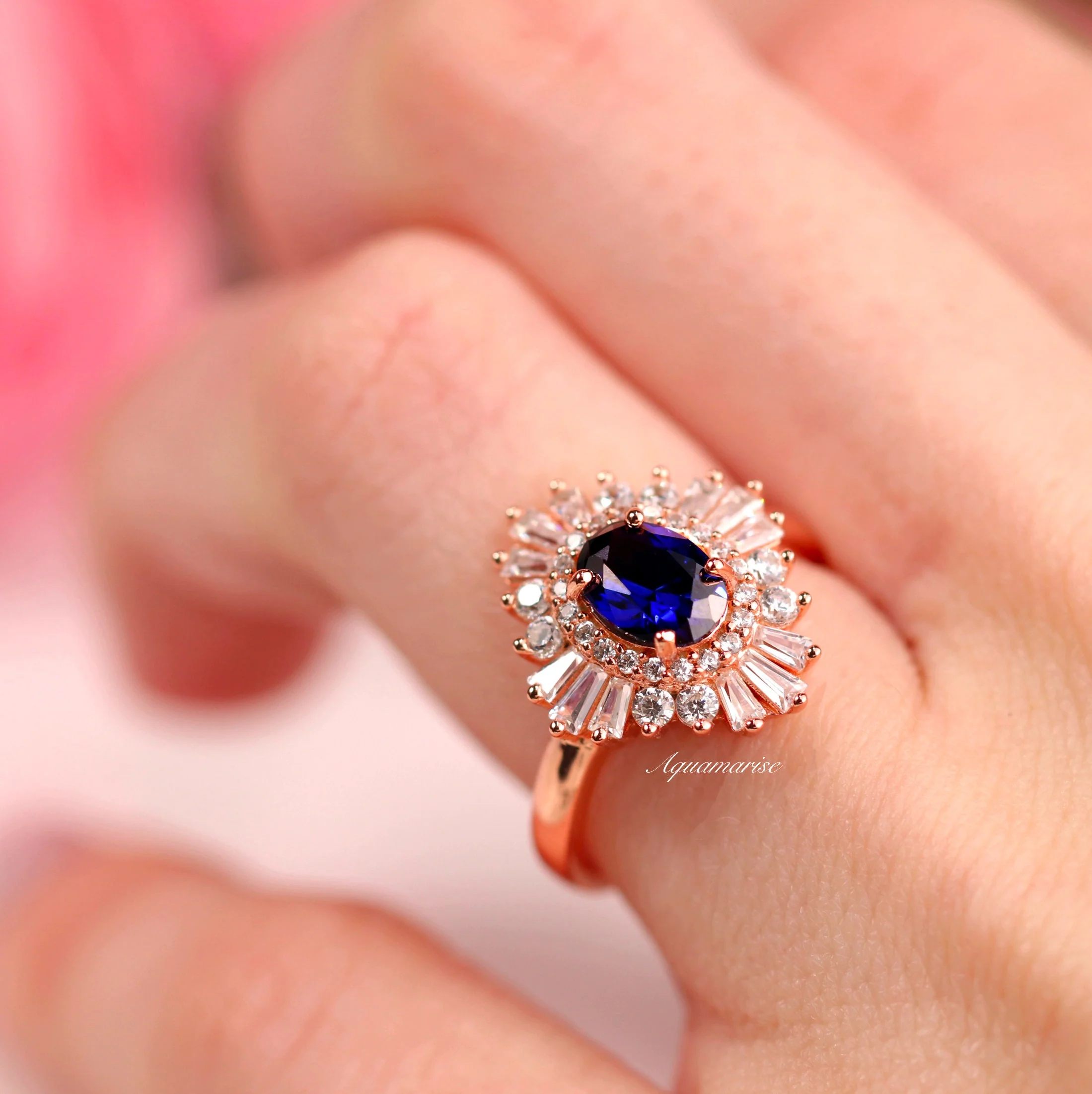 Victoria Oval Cut Blue Sapphire Engagement Ring in 14K Solid Rose Gold - Image 3