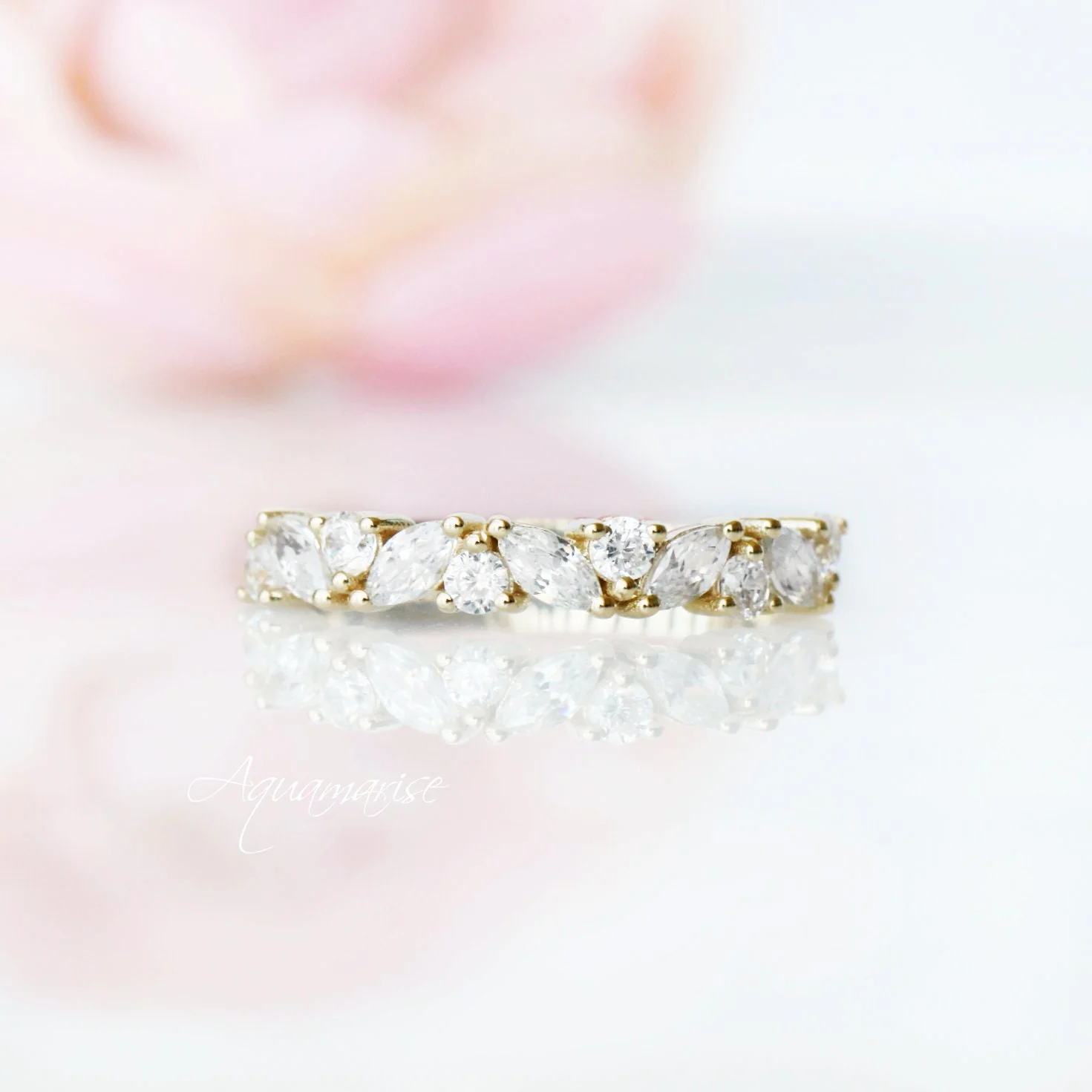 Willow Marquise Diamond Leaf Wedding Band in Solid 14K Yellow Gold - Image 10