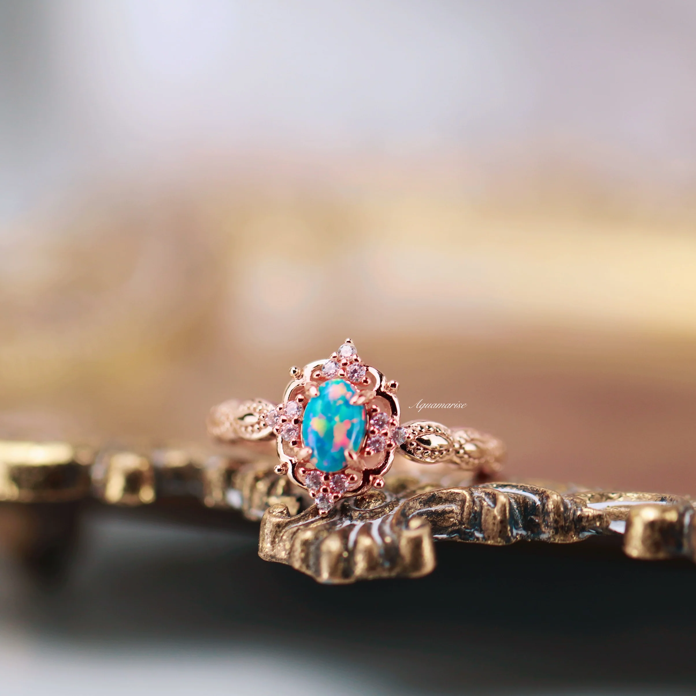 Vintage Blue Fire Opal Engagement Ring in Solid 14K Rose Gold - Image 3