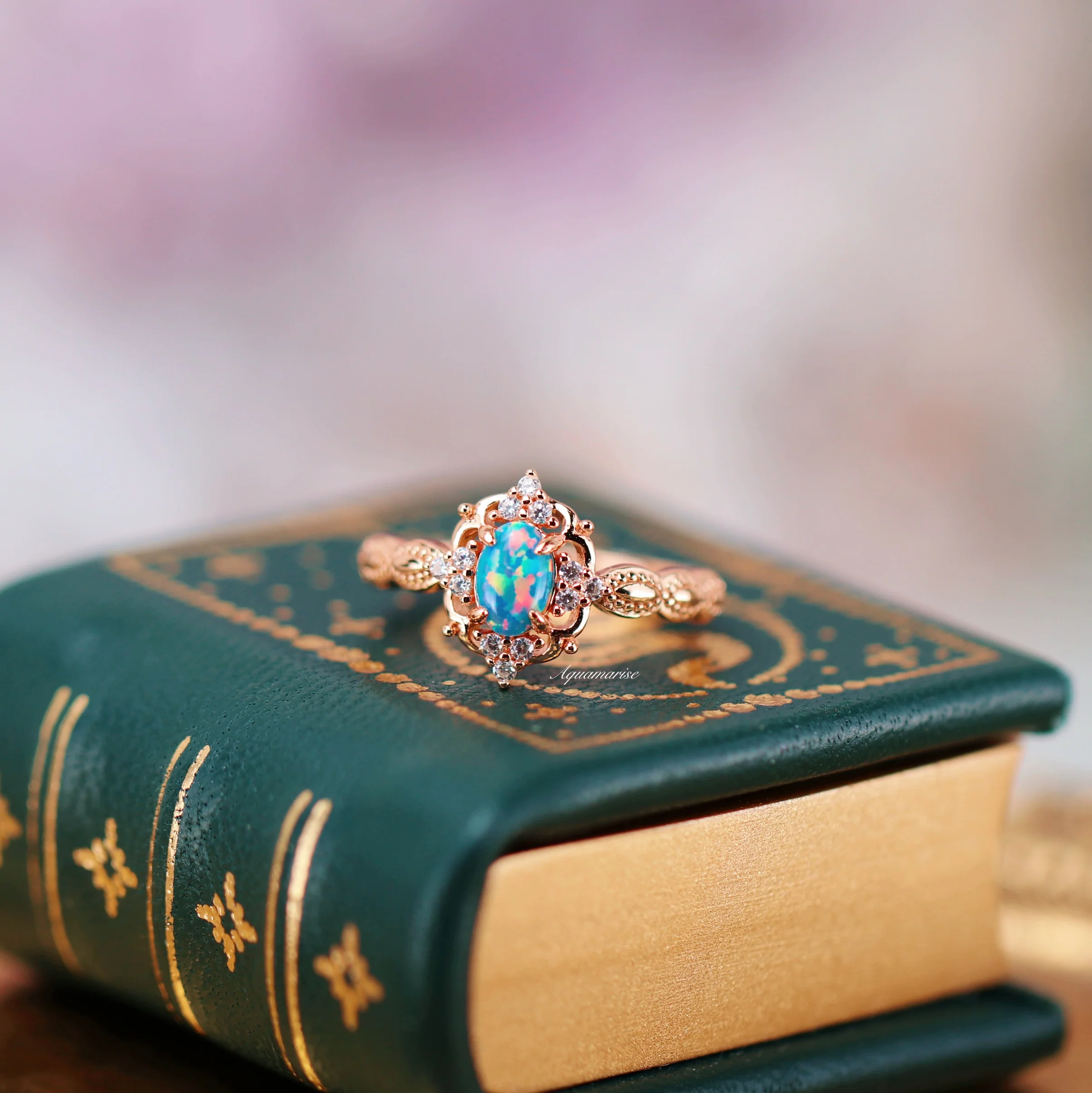 Vintage Blue Fire Opal Engagement Ring in Solid 14K Rose Gold - Image 4