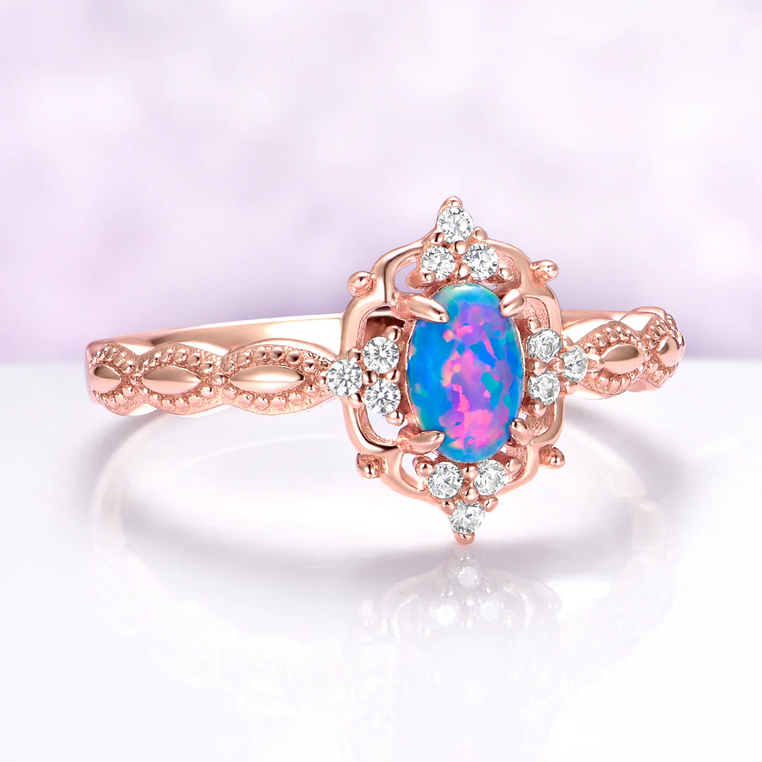Vintage Blue Fire Opal Engagement Ring in Solid 14K Rose Gold - Image 5