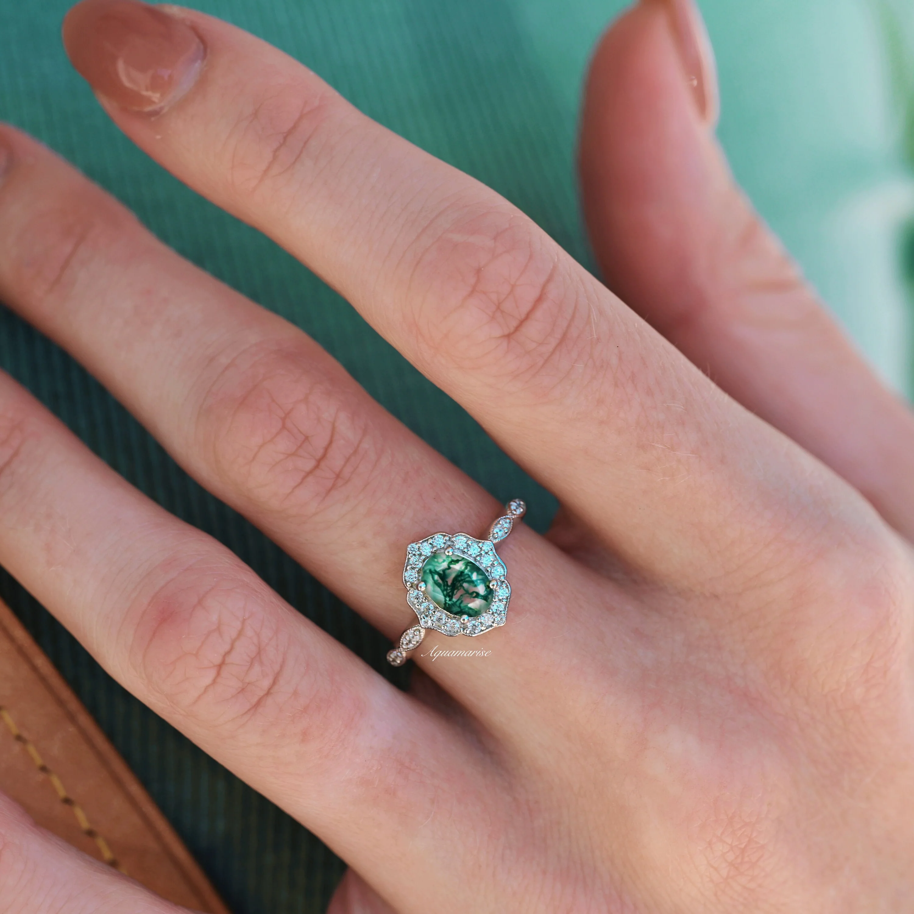 Cordelia Green Moss Agate Engagement Ring in Sterling Silver - Image 2