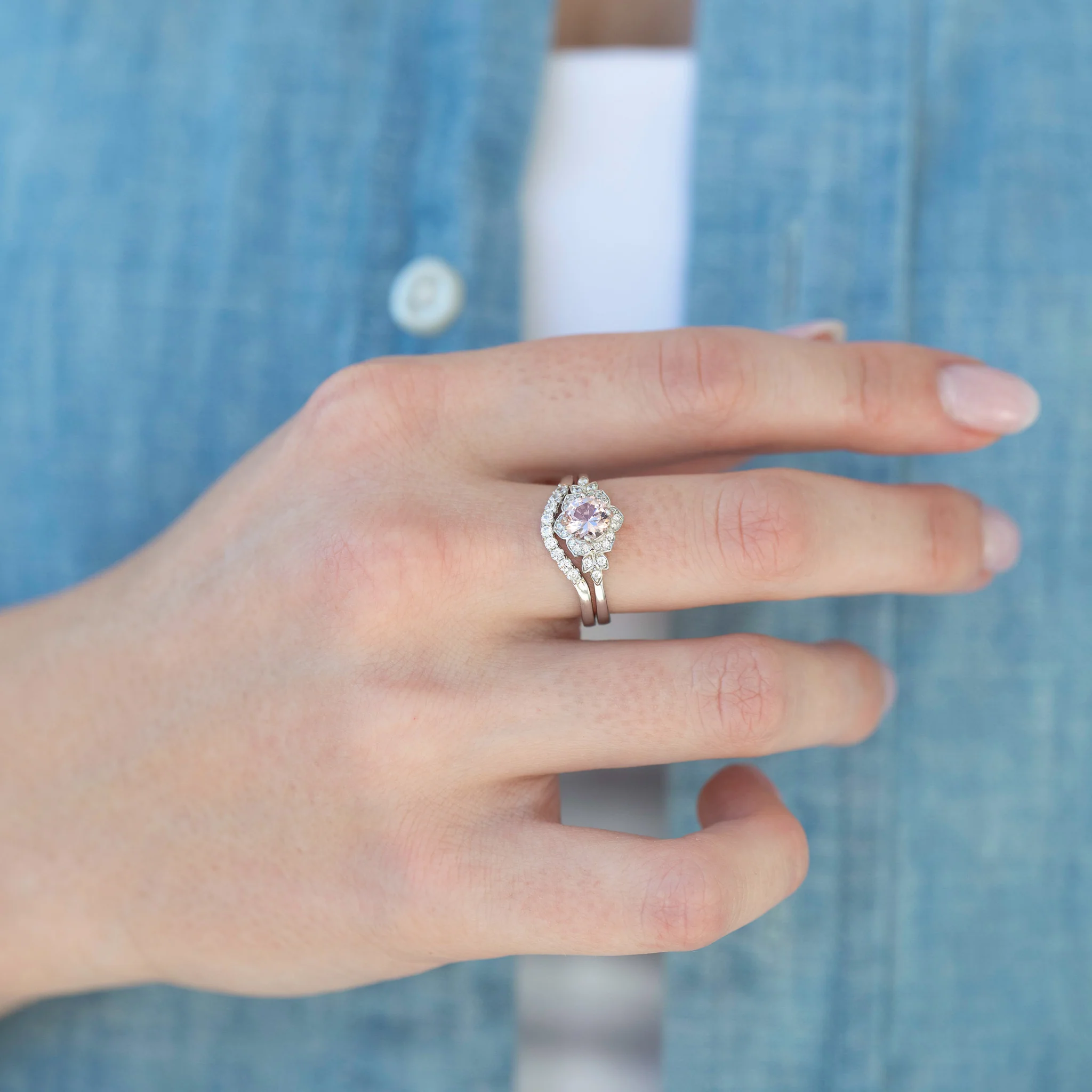 Jasmine Morganite Flower Engagement Ring Set in Sterling Silver - Image 3