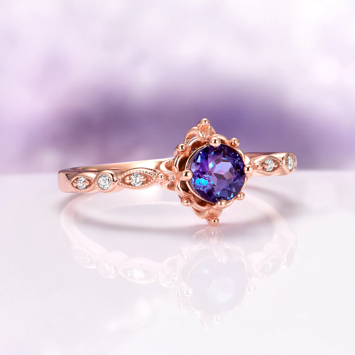Vintage Alexandrite Fairytale Engagement Ring in 14K Rose Gold Vermeil - Image 2