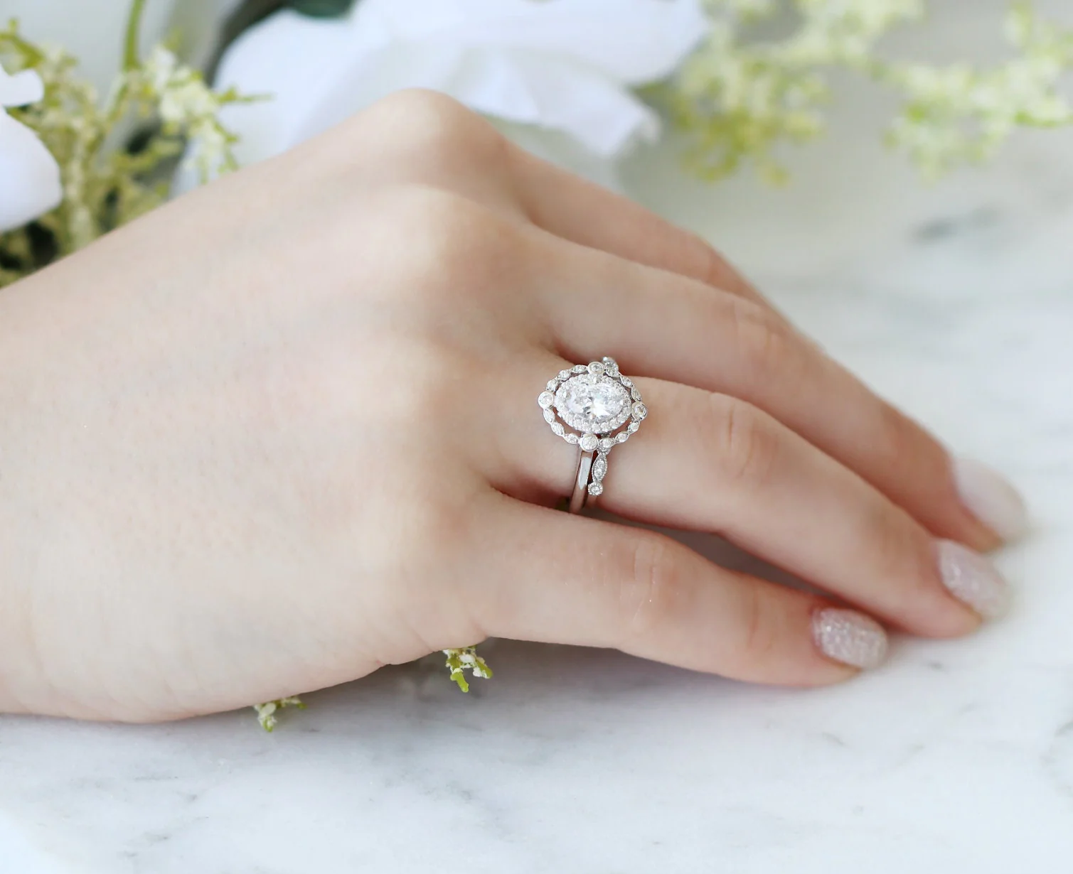 Valentina Simulated Diamond Vintage Engagement Ring in Sterling Silver - Image 2